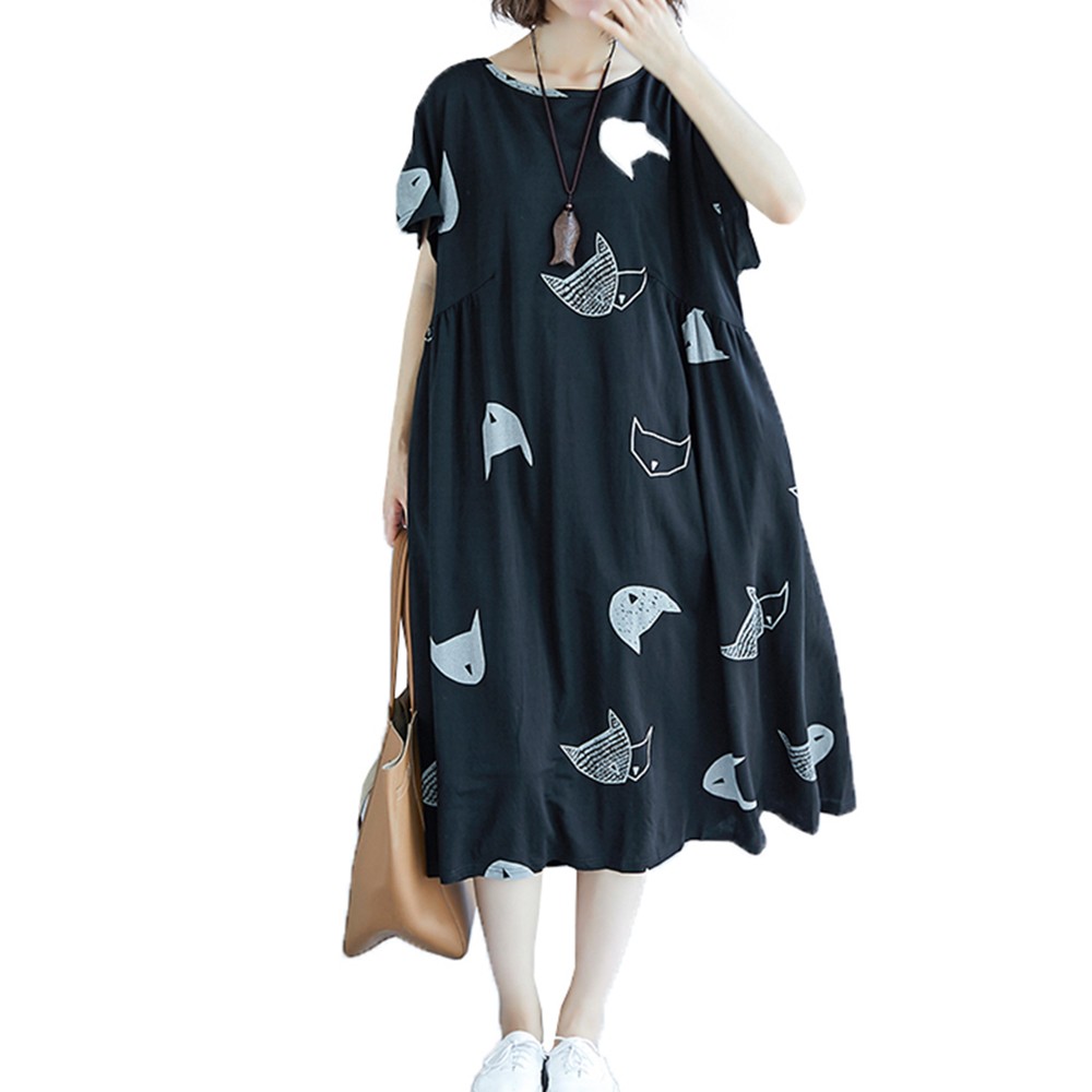 Plus Size Women Dress With Cute Character Cat Print For Fun