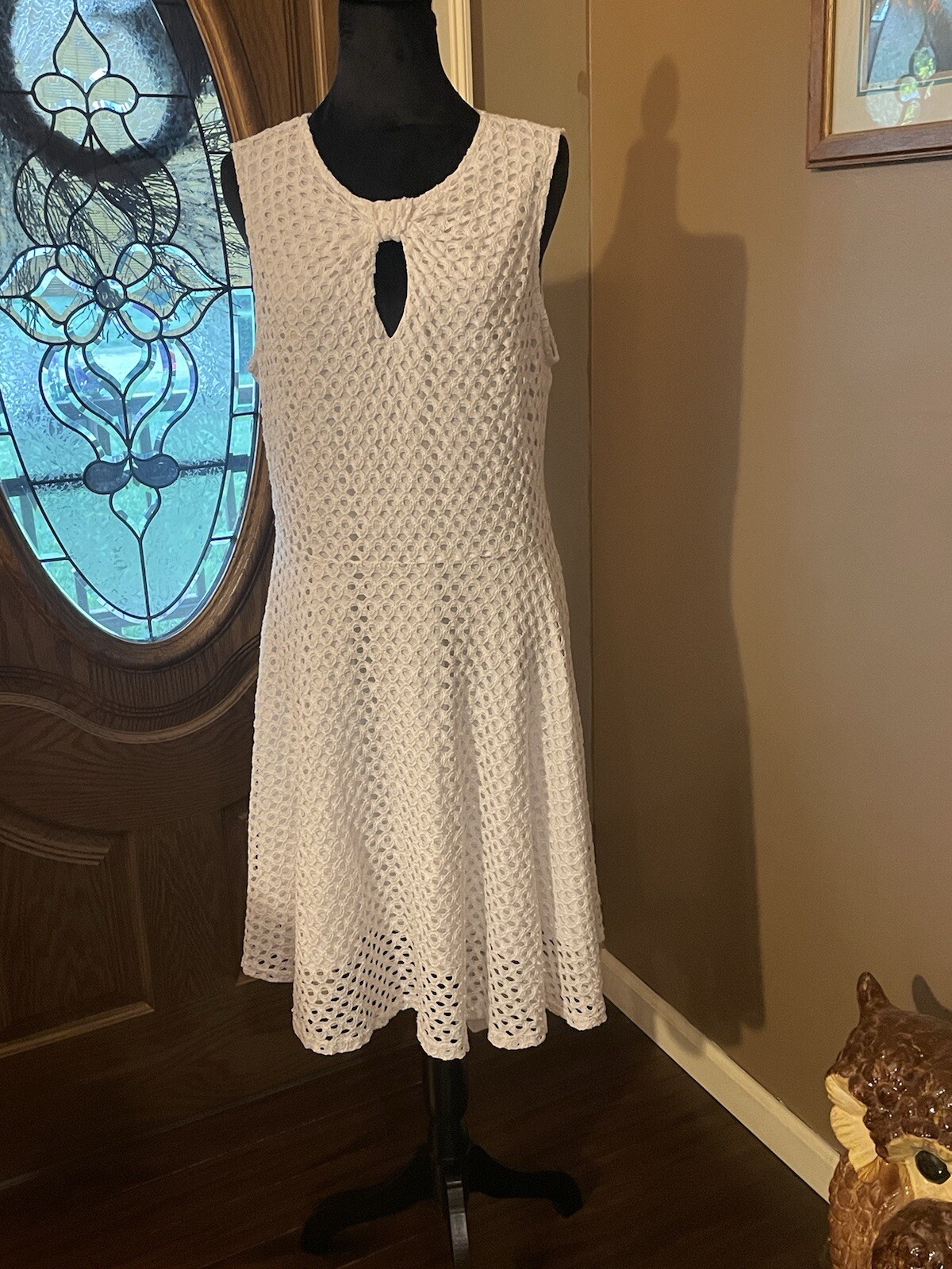 Sharagano Women’s Optic White Lace Stretch Dress Sz 12 Scoop Neck Zip Back
