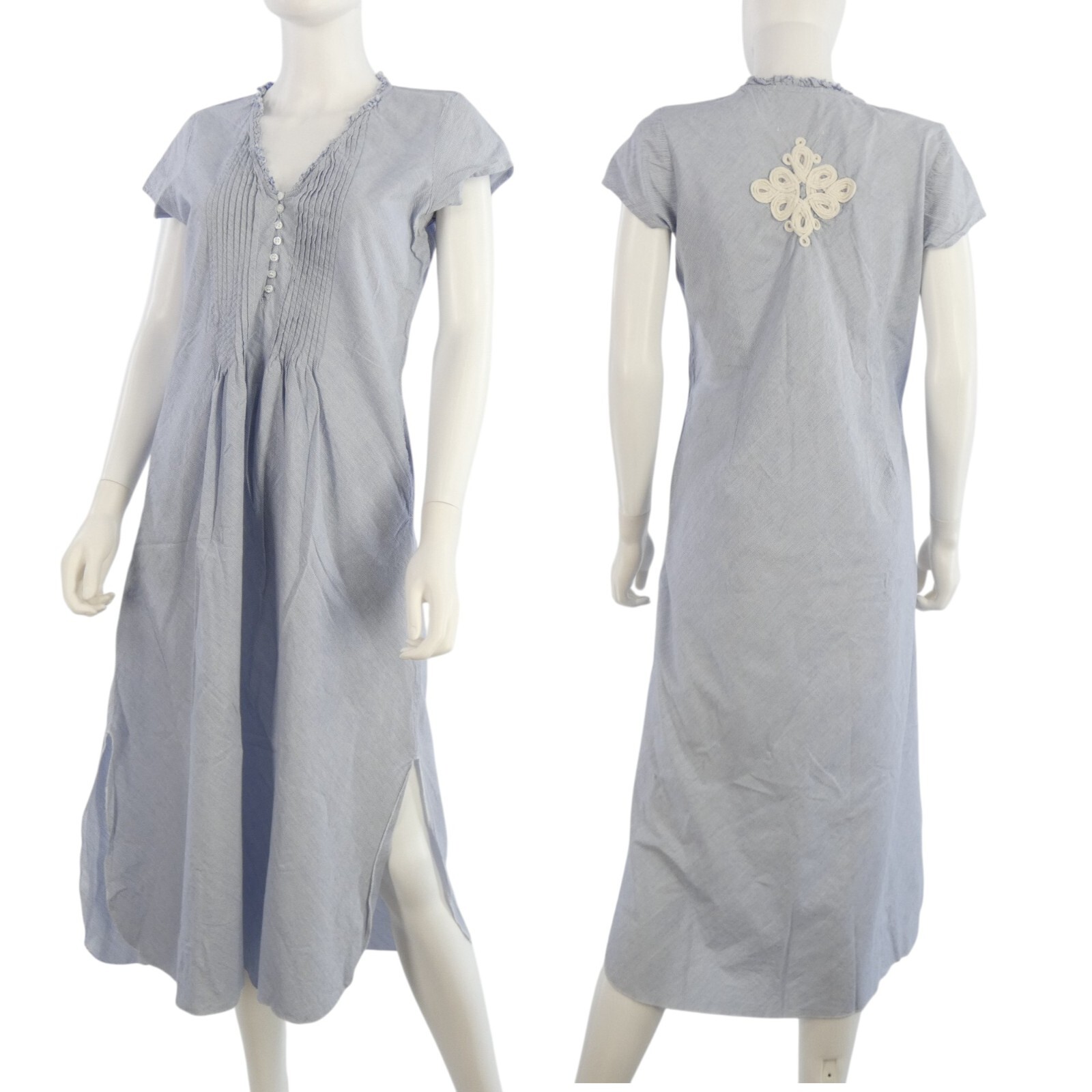 Gallabia Kaftan Dress Midi Embroidered Back Blue Striped Pintuck 100% Cotton M