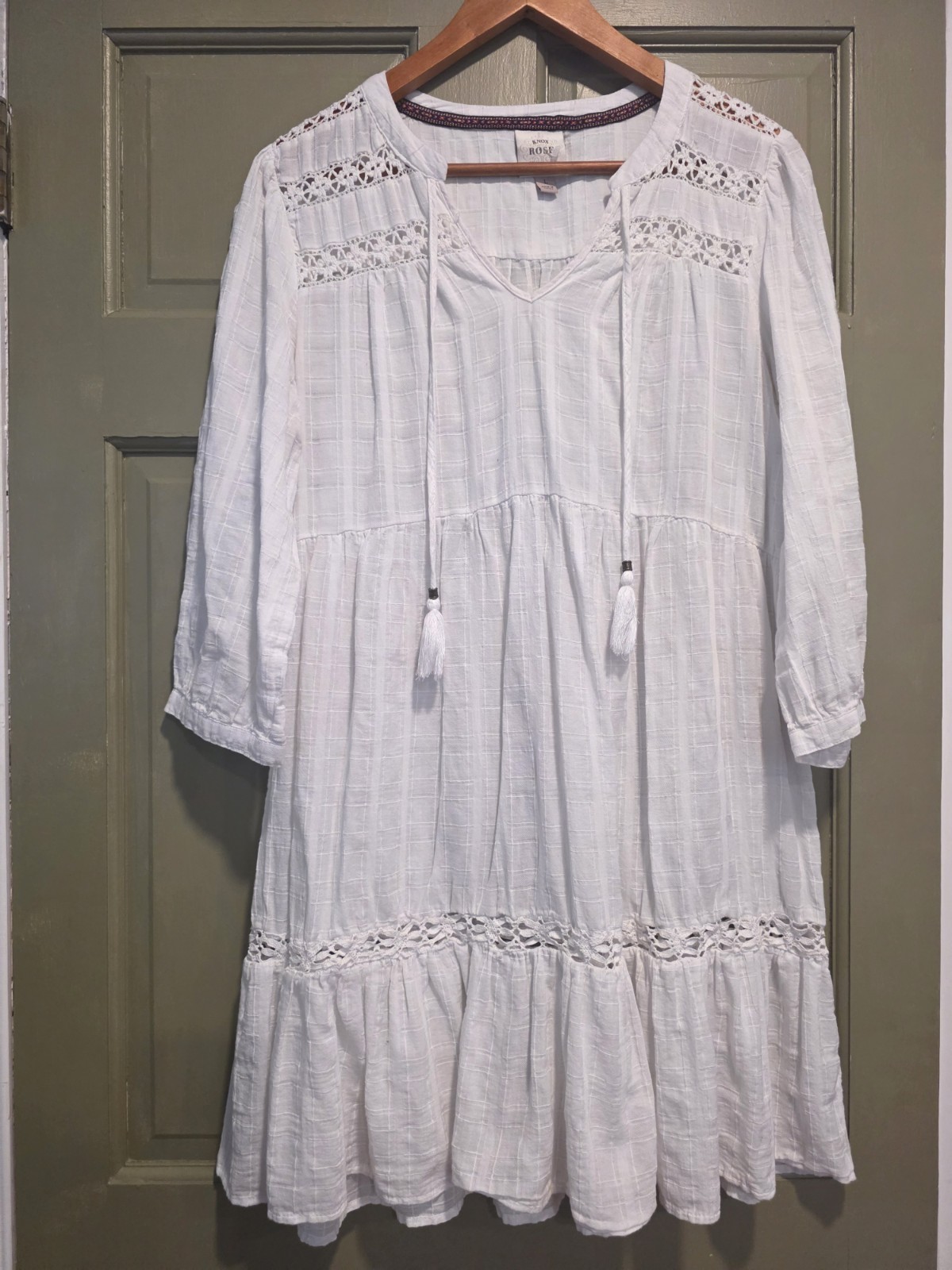 Knox Rose Cotton White Crochet Lace Peasant Dress Tassel Boho Prairie Womens L