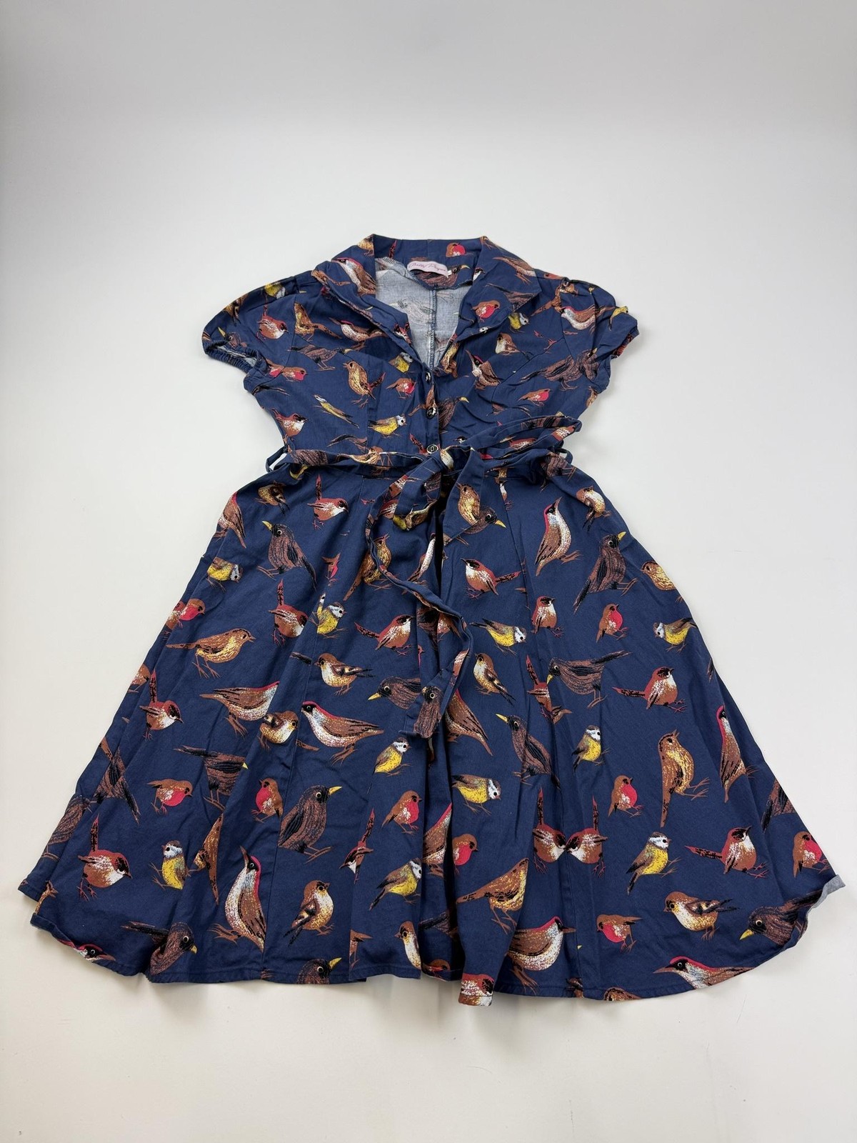 Belle Poque Dress Womens XL Blue Bird Print Collared Fit & Flare Shirt Pockets