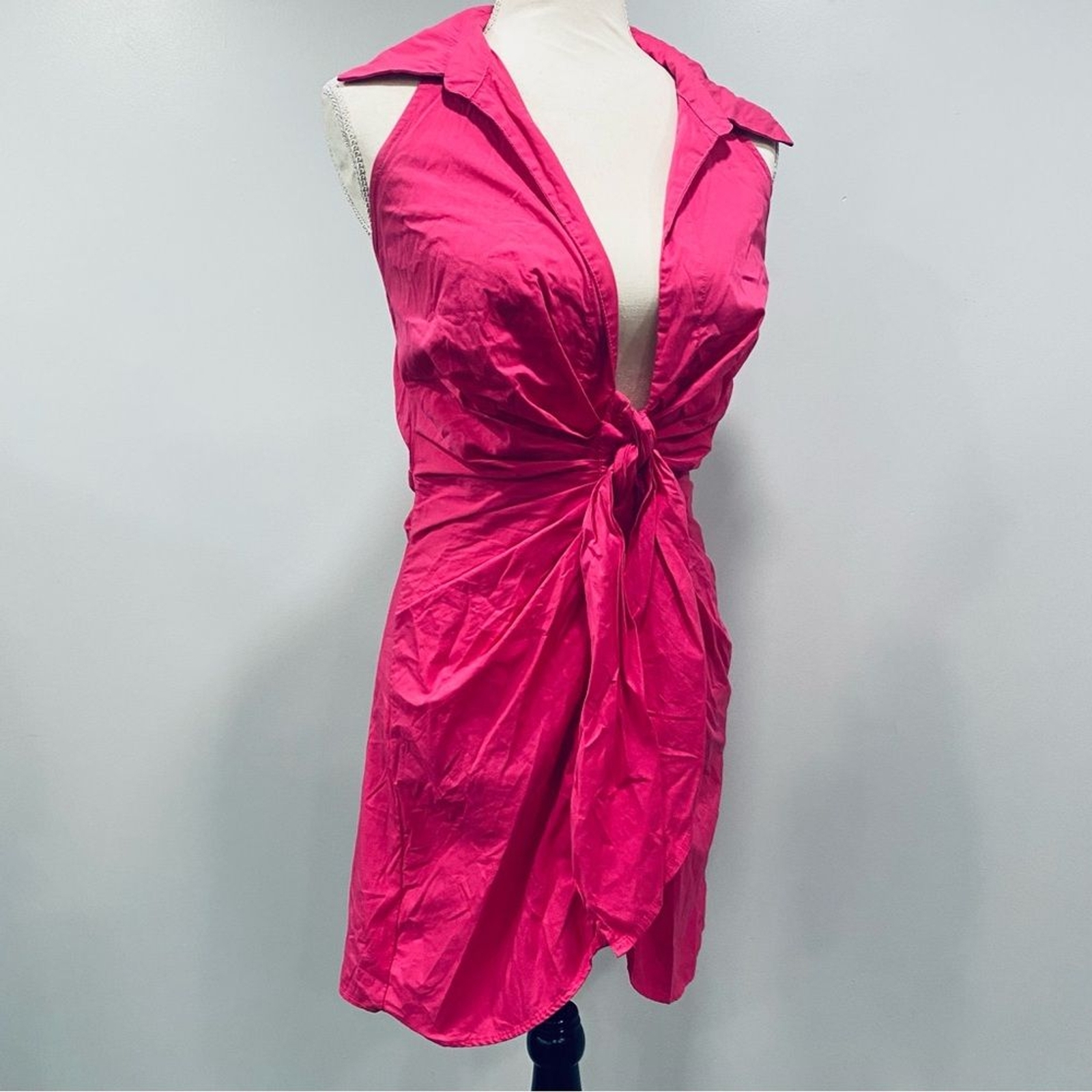 HERS & MINE S Hot Pink Halter Tie Front Mini Dress Romantic Coquette Barbiecore