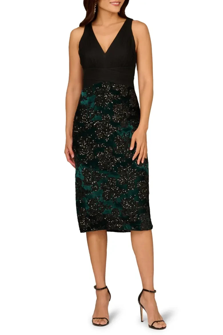 Aidan Mattox Black Green Sequin Velvet Sleeveless Cocktail Dress Size 2 $295