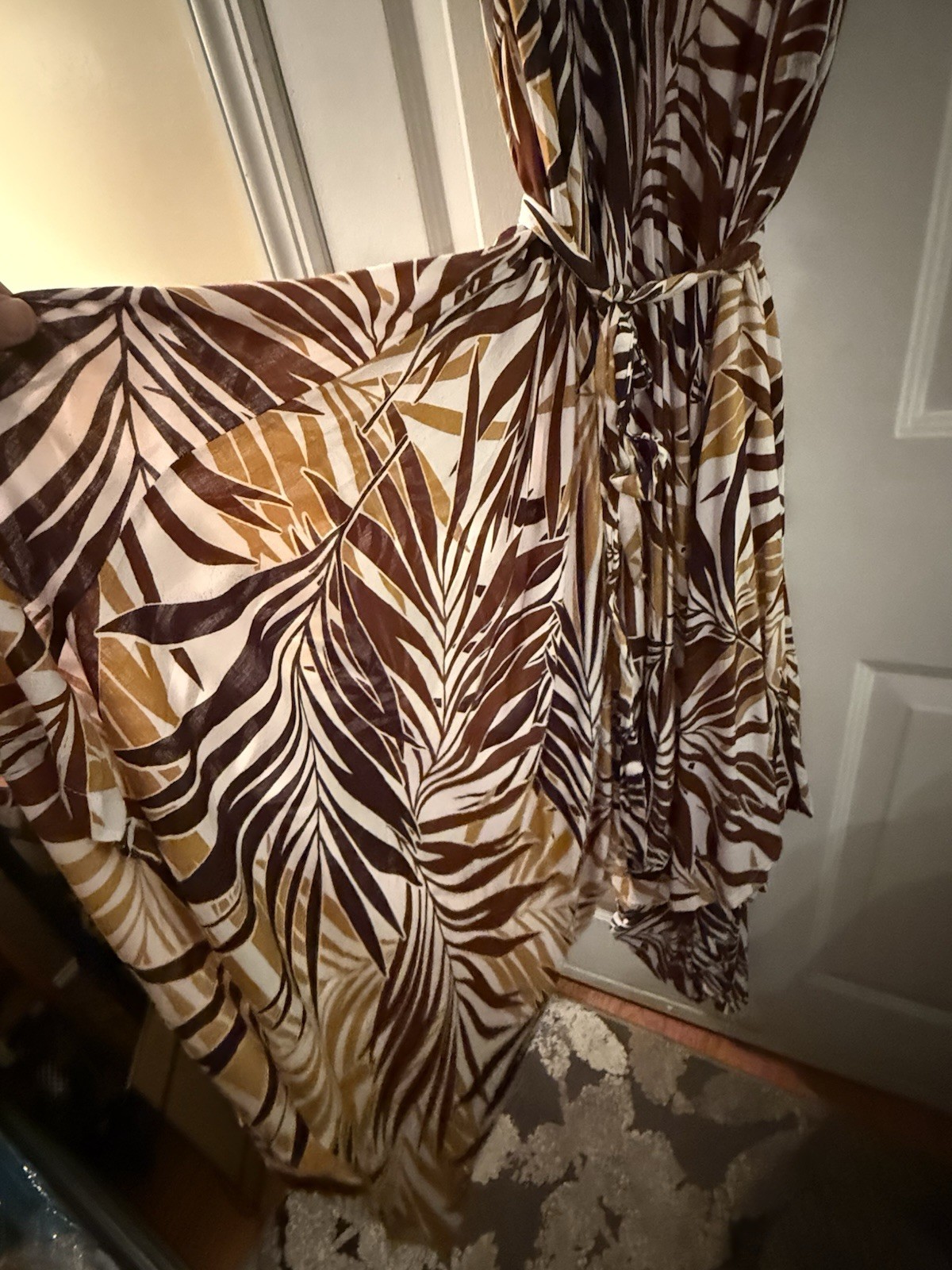Women’s Brown Tan White Tropical Leaf V-Neck Tie Waist A-Line pantsuit