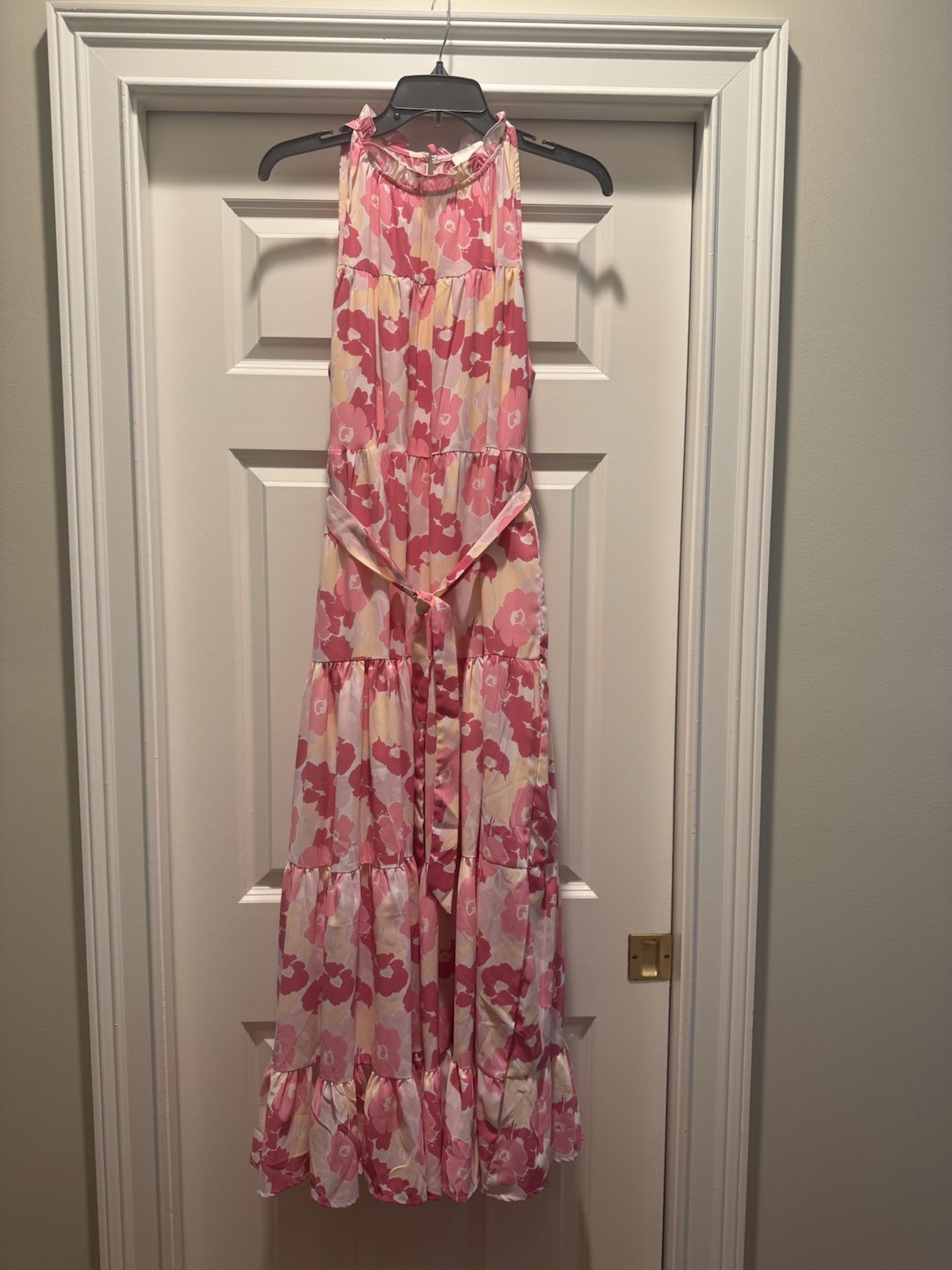 PINCH Floral Halter Maxi Dress Pink White, Ruffle Neck Size M