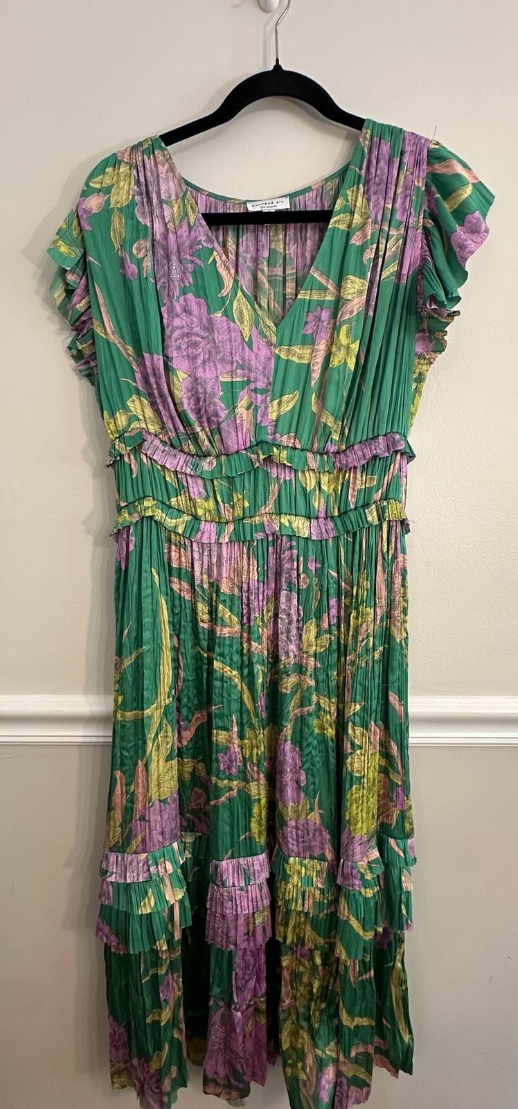 Current Air Green and Purple Floral Pleated Tiered Midi Dress with Ruffle Detail