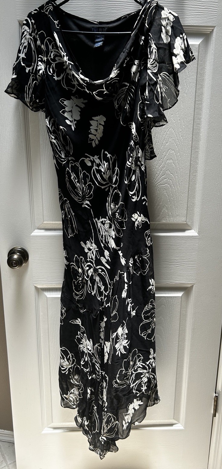 Women’s Eva Blue Black And Cream Floral Short Sleeve Dress Midi Size 16
