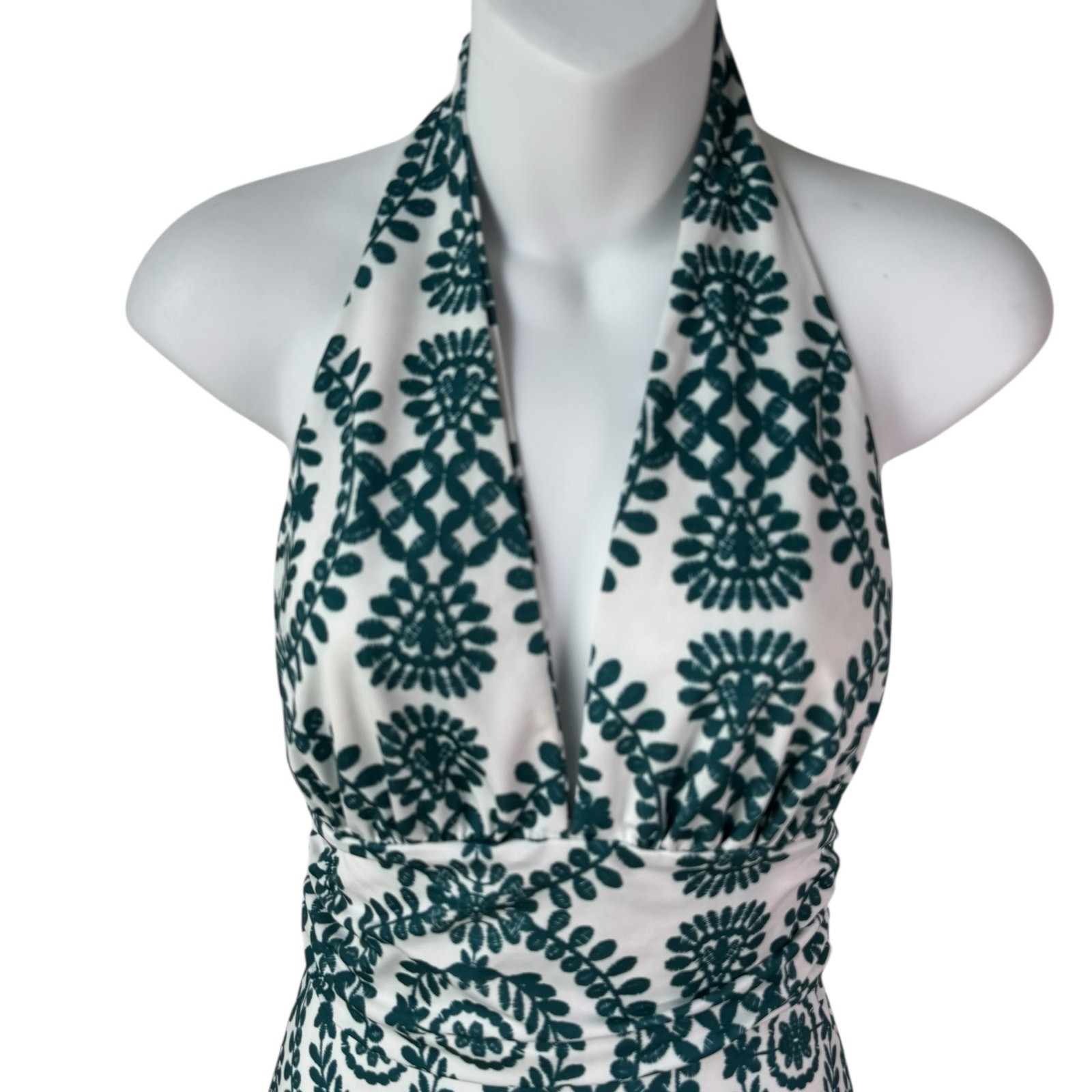 Womens Backless Halter Romper Small White Green Floral Print Ruffle Resort READ