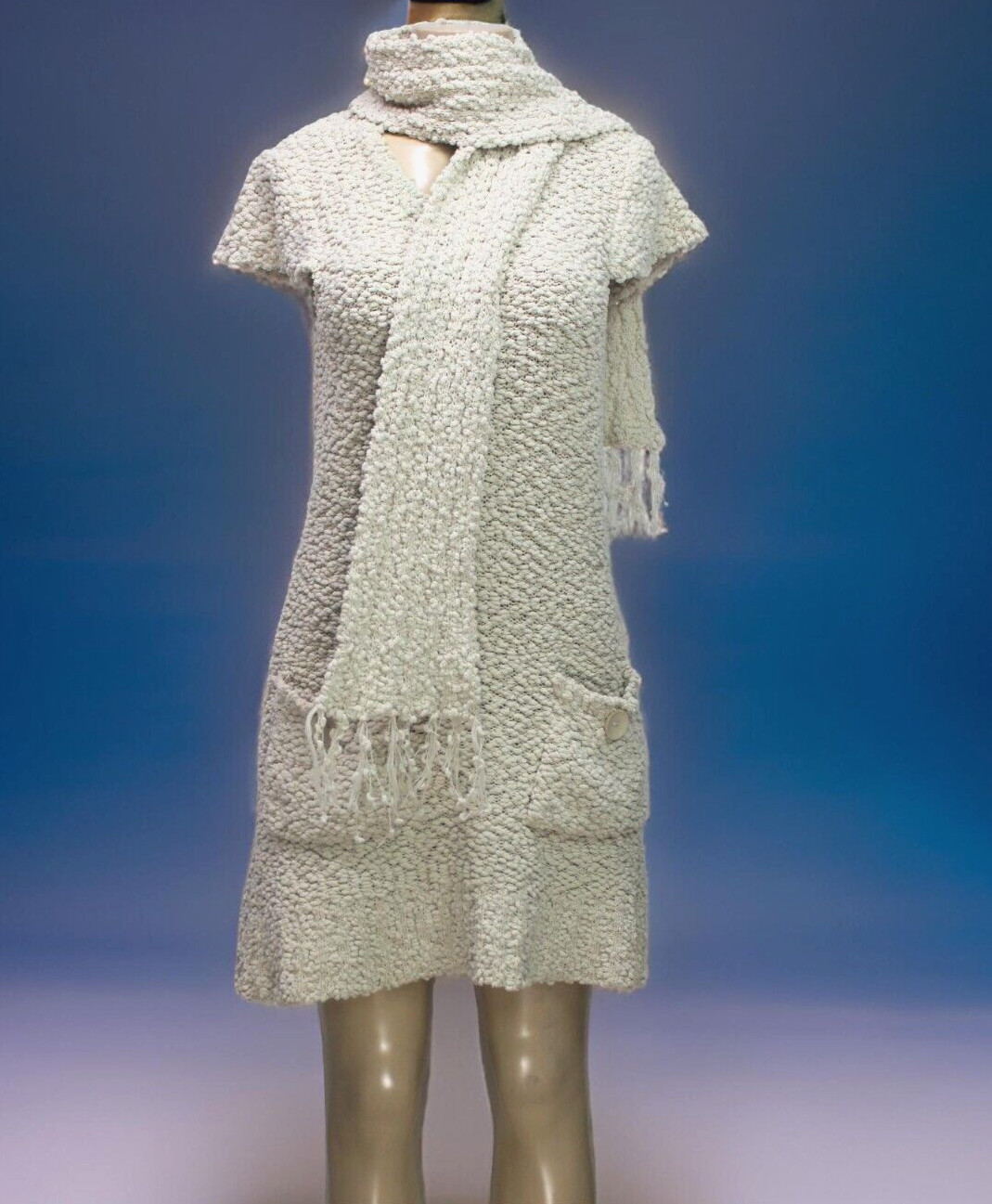 Mechant Women’s Sweater Dress Short Sleeve With Scarf Beige Size M
