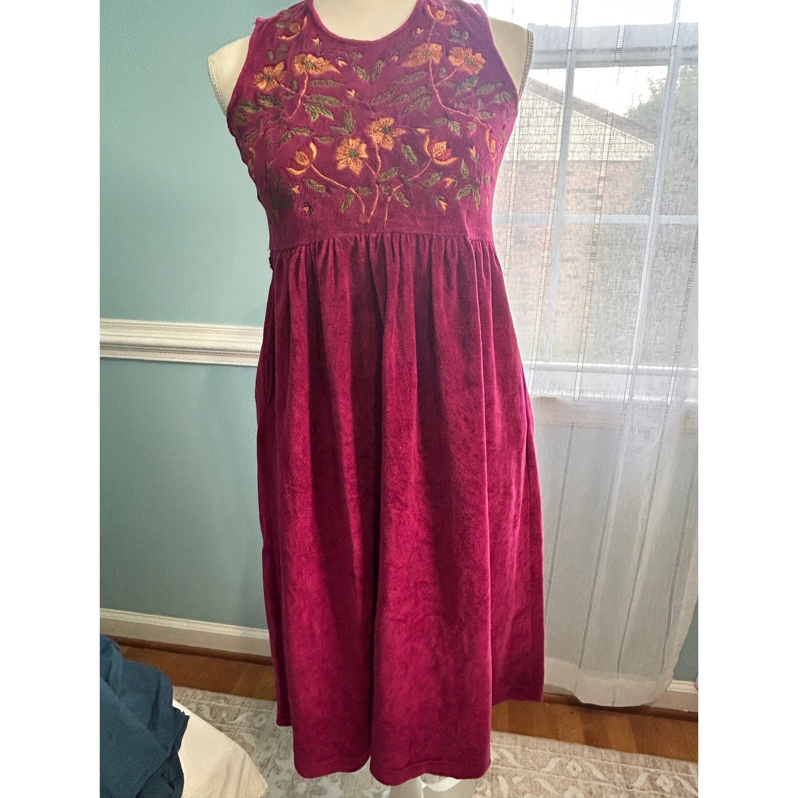 Cornelloki Vintage Magenta Velour Floral Embroidered Button Back Midi Dress 9/10