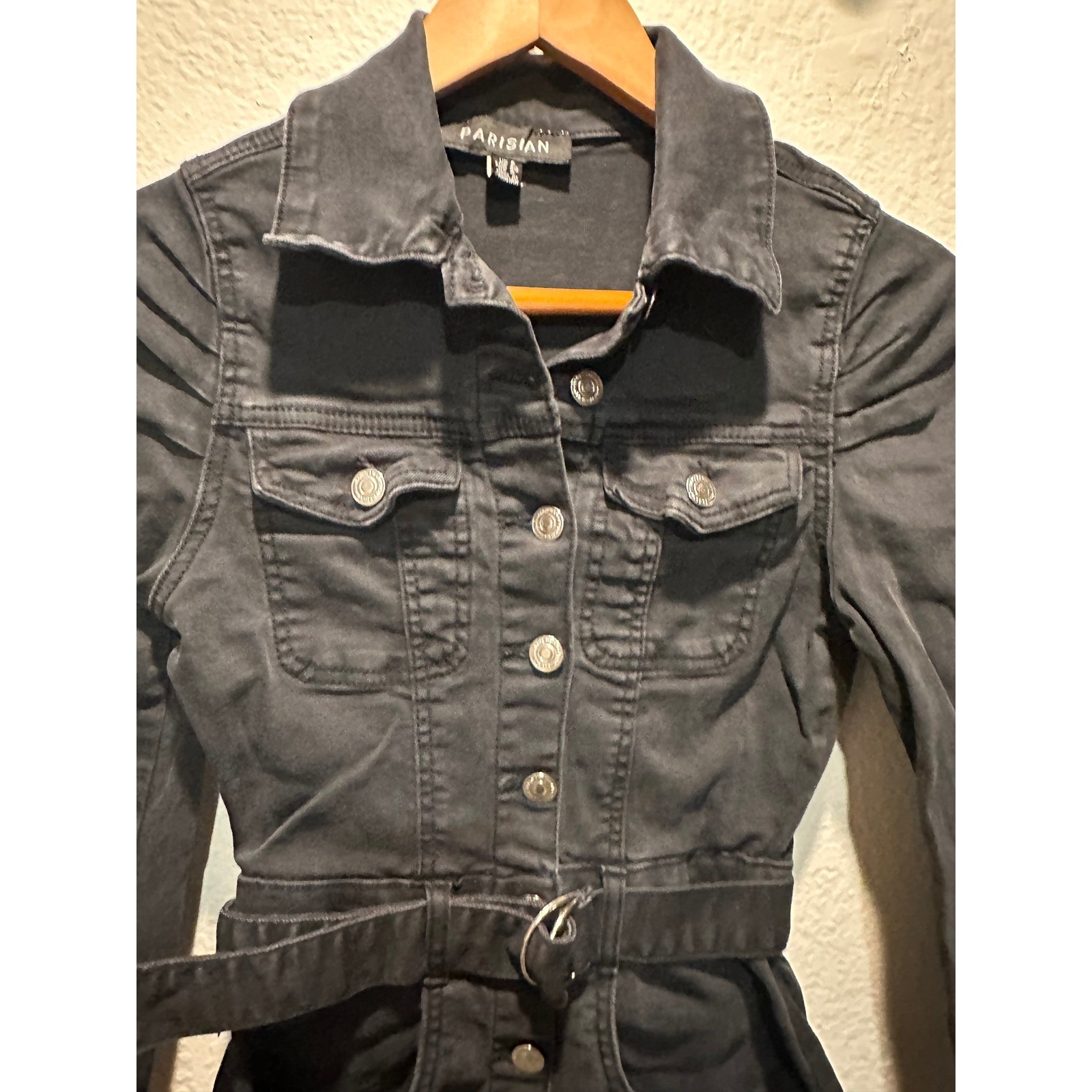 Parisian Black Denim Mini Dress Long Sleeve Button Front Belted Puff Shoulder 4