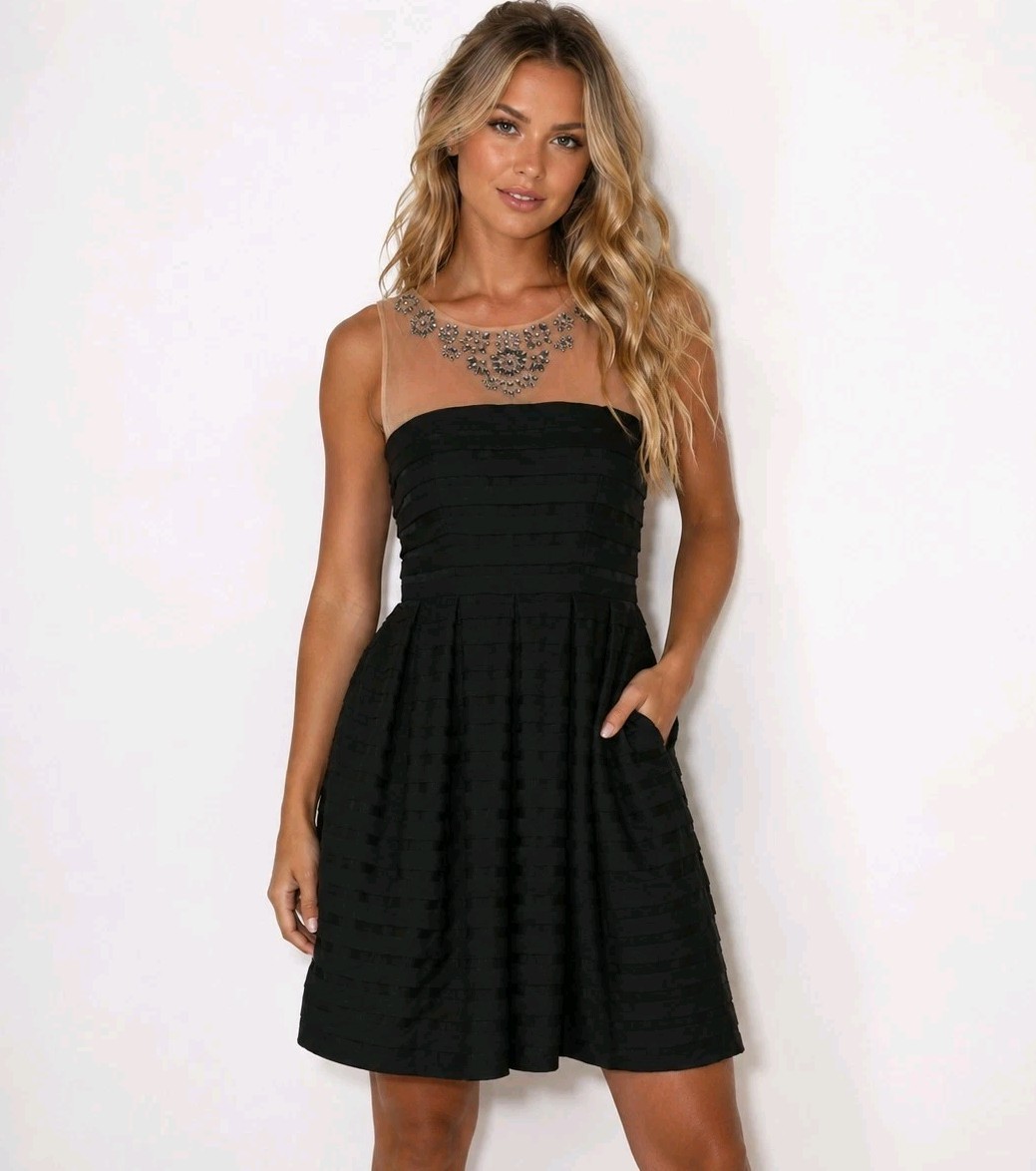 BCBGMaxAzria Marina Dress XXS Black Fit Flare Sheer Tiered Rhinestones Pockets