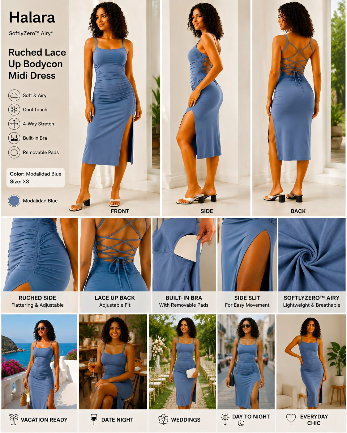 Halara Modalidad Blue Bodycon Midi Dress XS Square Neck Ruched Lace-Up Back