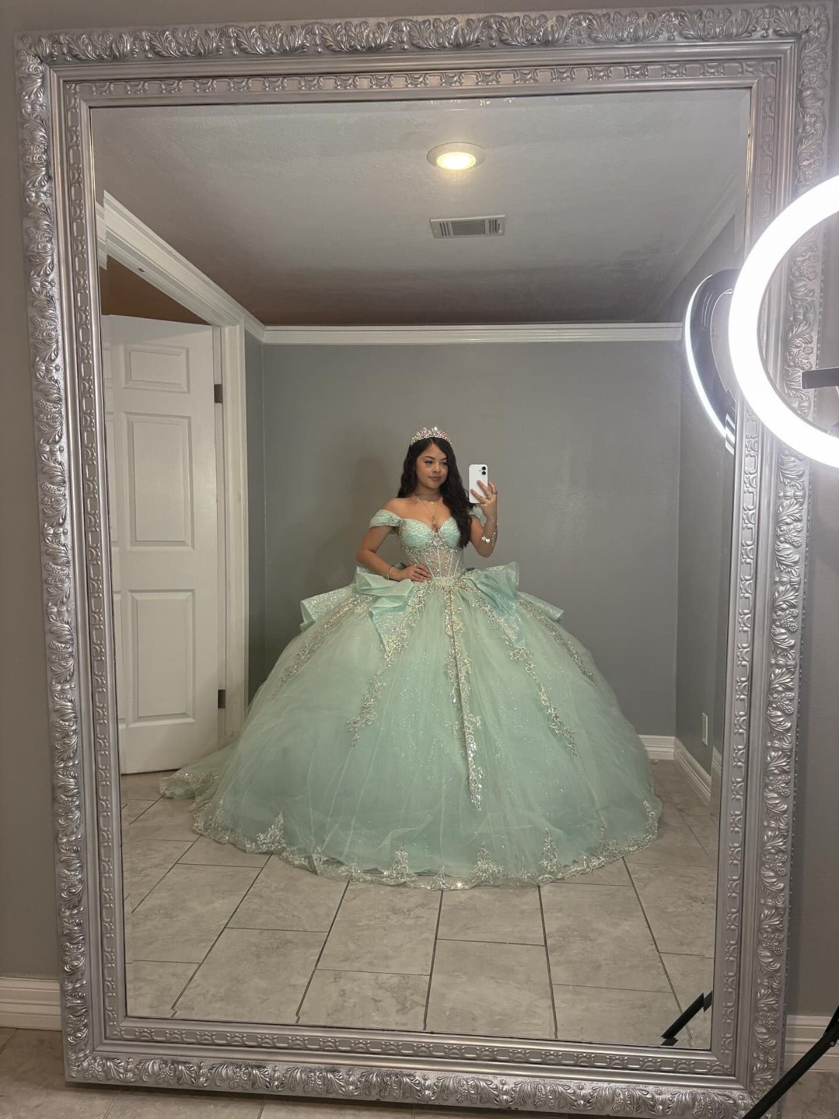 Sparkly Silver Sequin Appliques Quinceanera Dress with Bow Layered Tulle Dresses