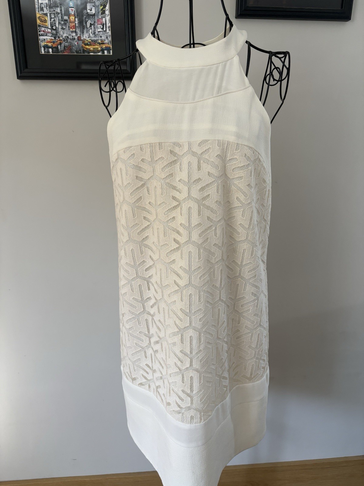 Sfera Women’s Halter Neck Ivory Shift Dress with Textured Geometric Pattern M