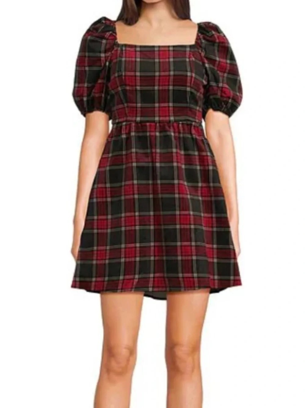 NWT! Copper Key Velvet Red and Black Plaid Puff-Sleeve Mini Dress Cotton Sz M