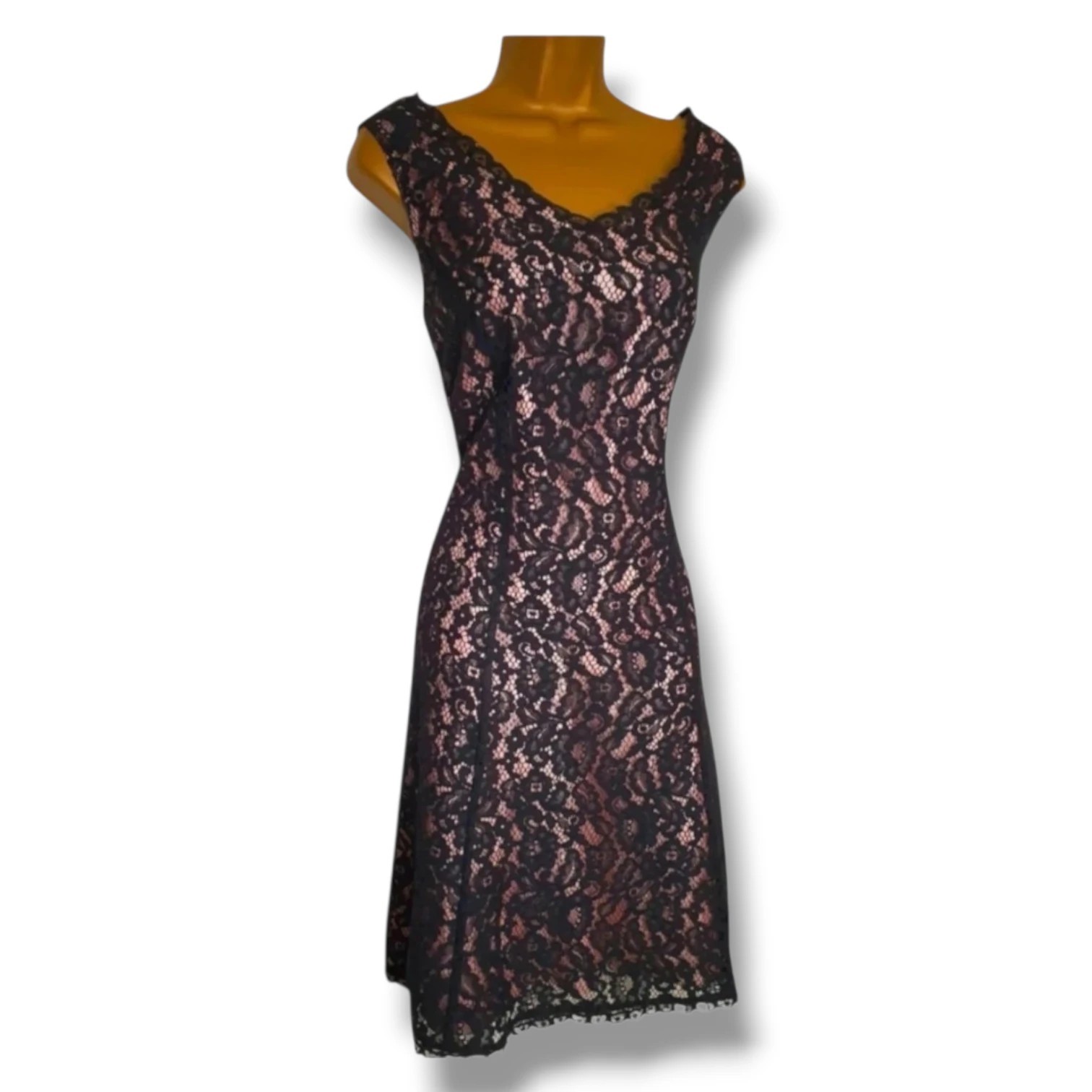 Jacques Vert Black Lace Dress Size 12 Pink Satin Lining Evening Party Cruise