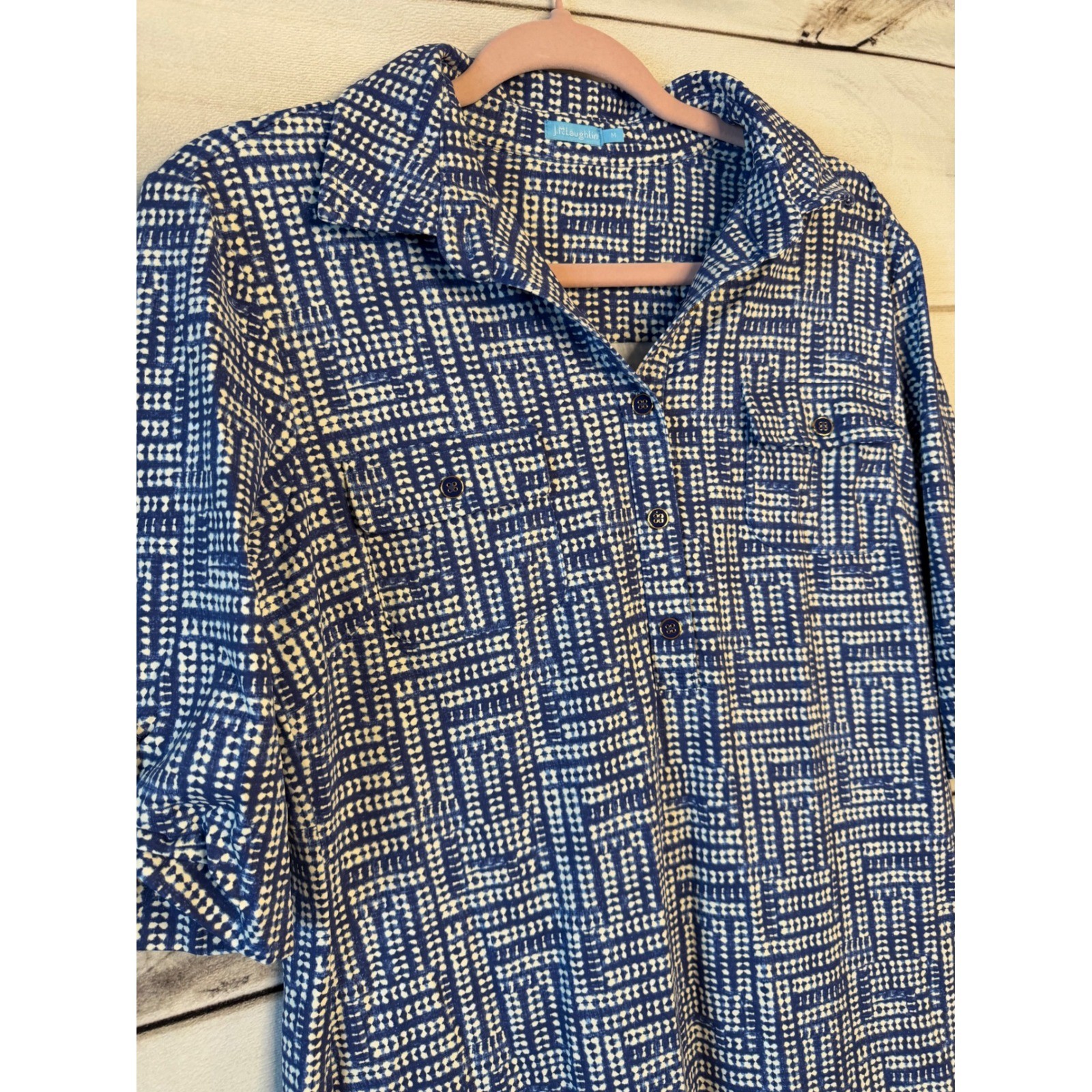 J.McLaughlin Blue White Geometric Catalina Cloth Shirt Dress Womens Medium M