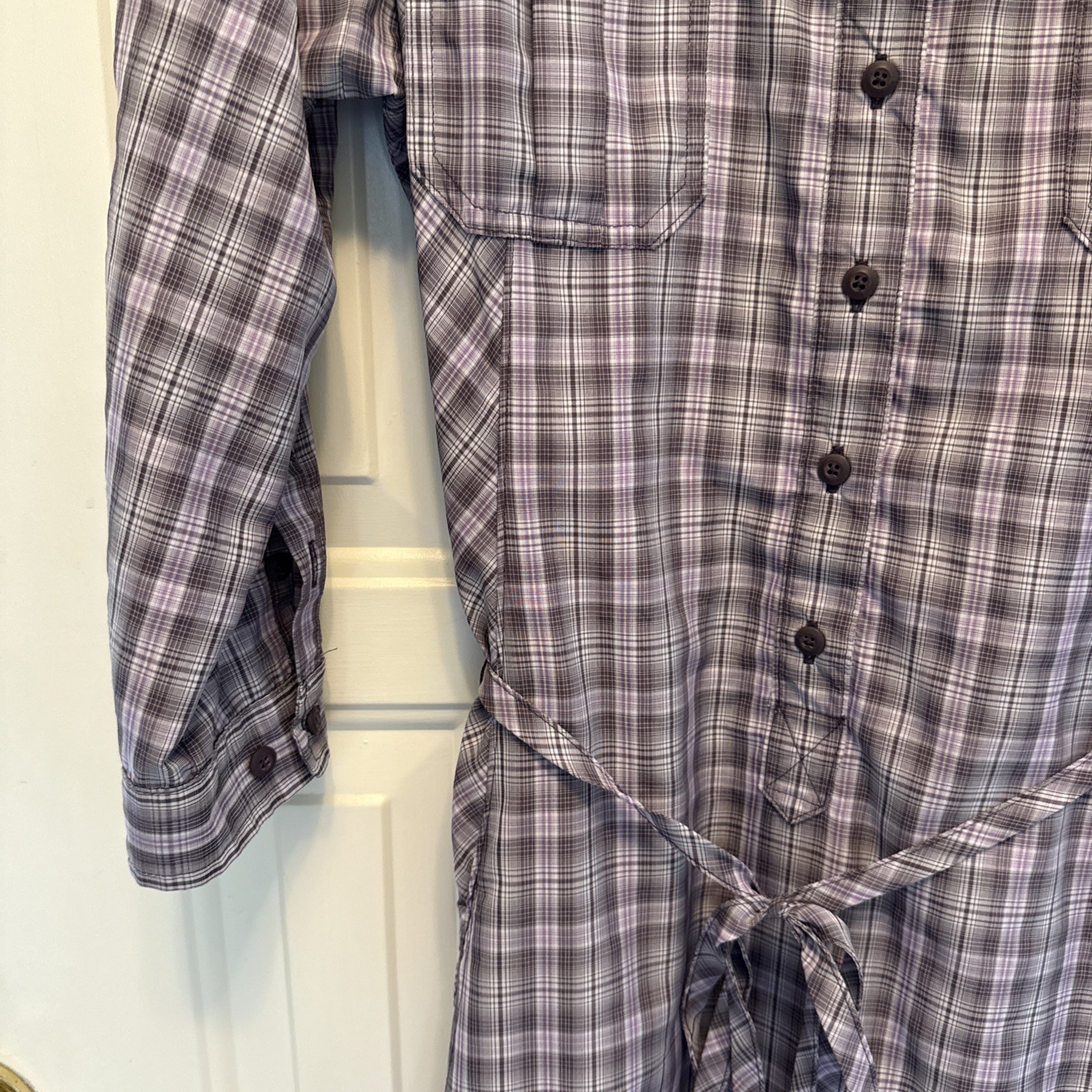 Duluth Purple Plaid Button-Down Shirt Dress Tie Pockets Size M polyester nylon