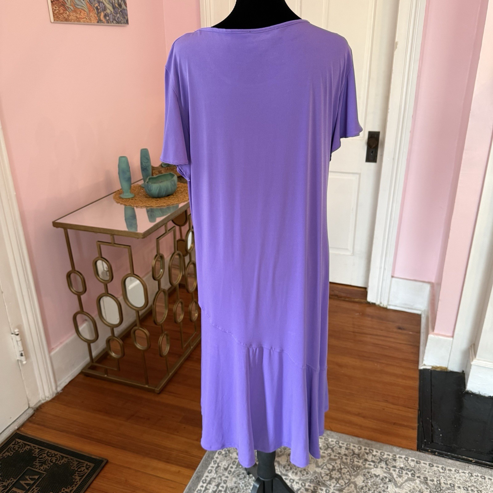 Southern Lady Purple Solid Knit Shift Midi Dress Scoop Neck Flutter Sleeve L