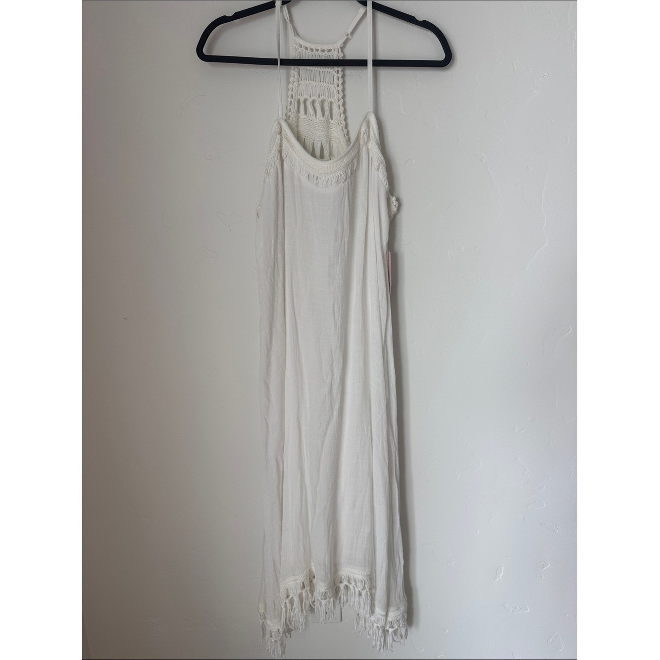 NWT JustFab White Crochet Halter Maxi Dress Boho Beach Cover Up Fringe Resort XL