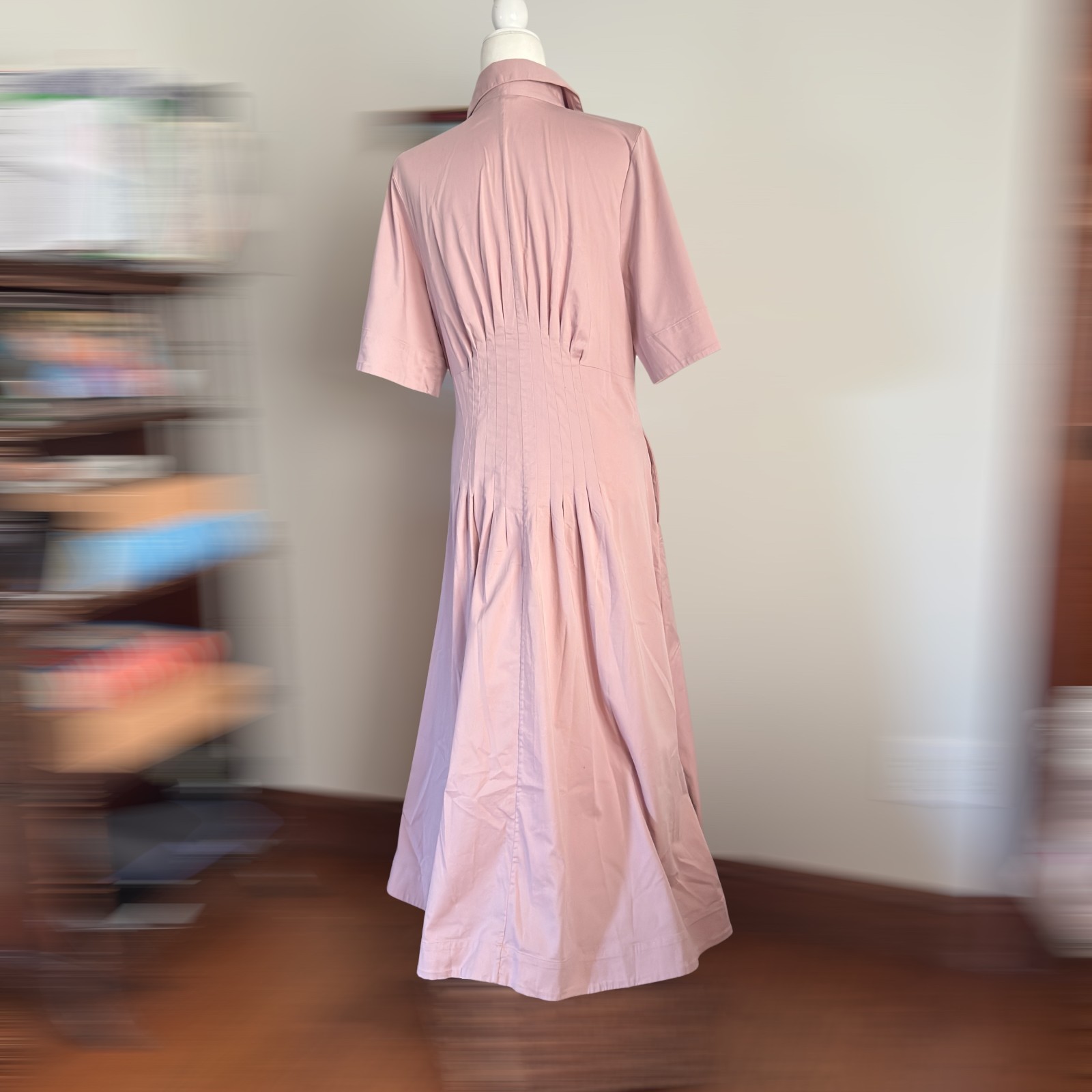 Banana Republic Pink Pintuck Maxi Shirt Dress Fit Flare Cotton Small Minimalist