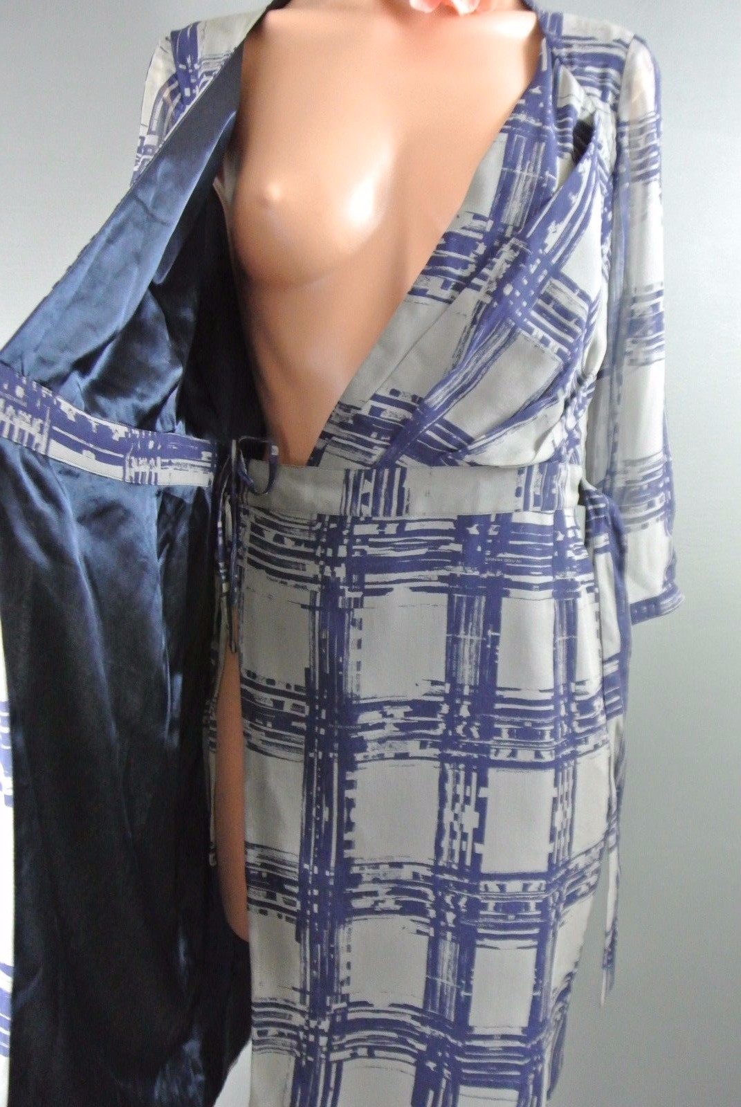 In Add Minus Wrap Sheath Dress 6 S Work Cocktail Checkered SILK Blue Gray