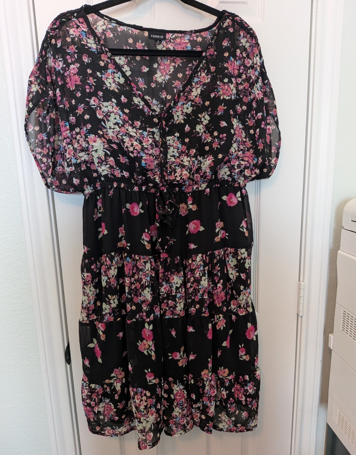 Plus Size Torrid Floral Chiffon Babydoll Dress Size 2 (2X) Black Pink Boho Dress