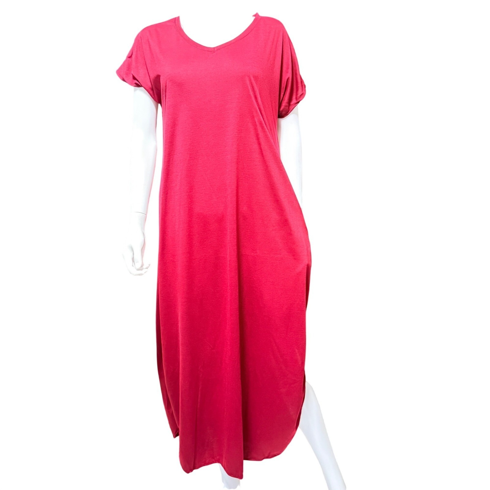 Womens Casual Maxi Dress XL Maroon Cotton Blend Short Sleeve Pockets Side Slit