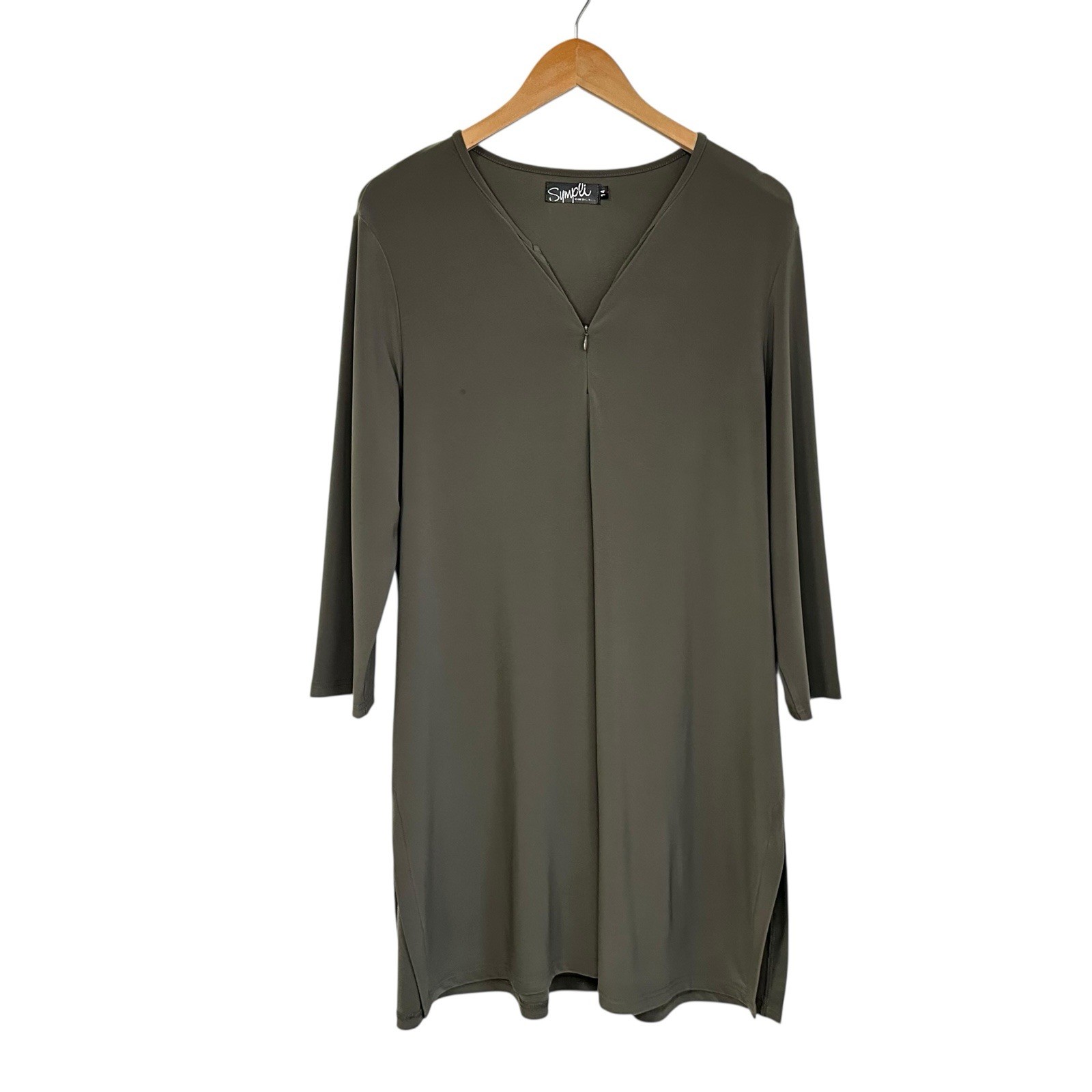 Sympli Womens 1/4 Zip Jersey Knit Shift Dress Sz 14 Green 3/4 Sleeve