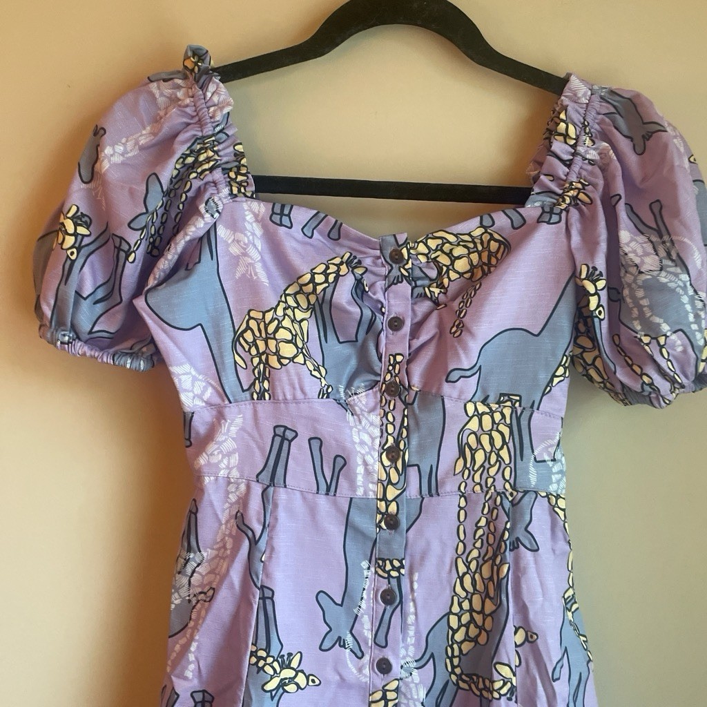 Unique Vintage Purple Giraffe Print Puff Sleeve Maxi Dress XS/2