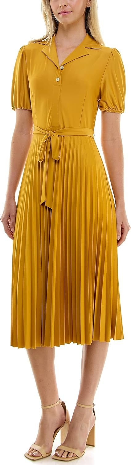 Sharagano Women’s Monaco Stretch Ity Pleated Skirt Dress – Mustard Yellow – 14