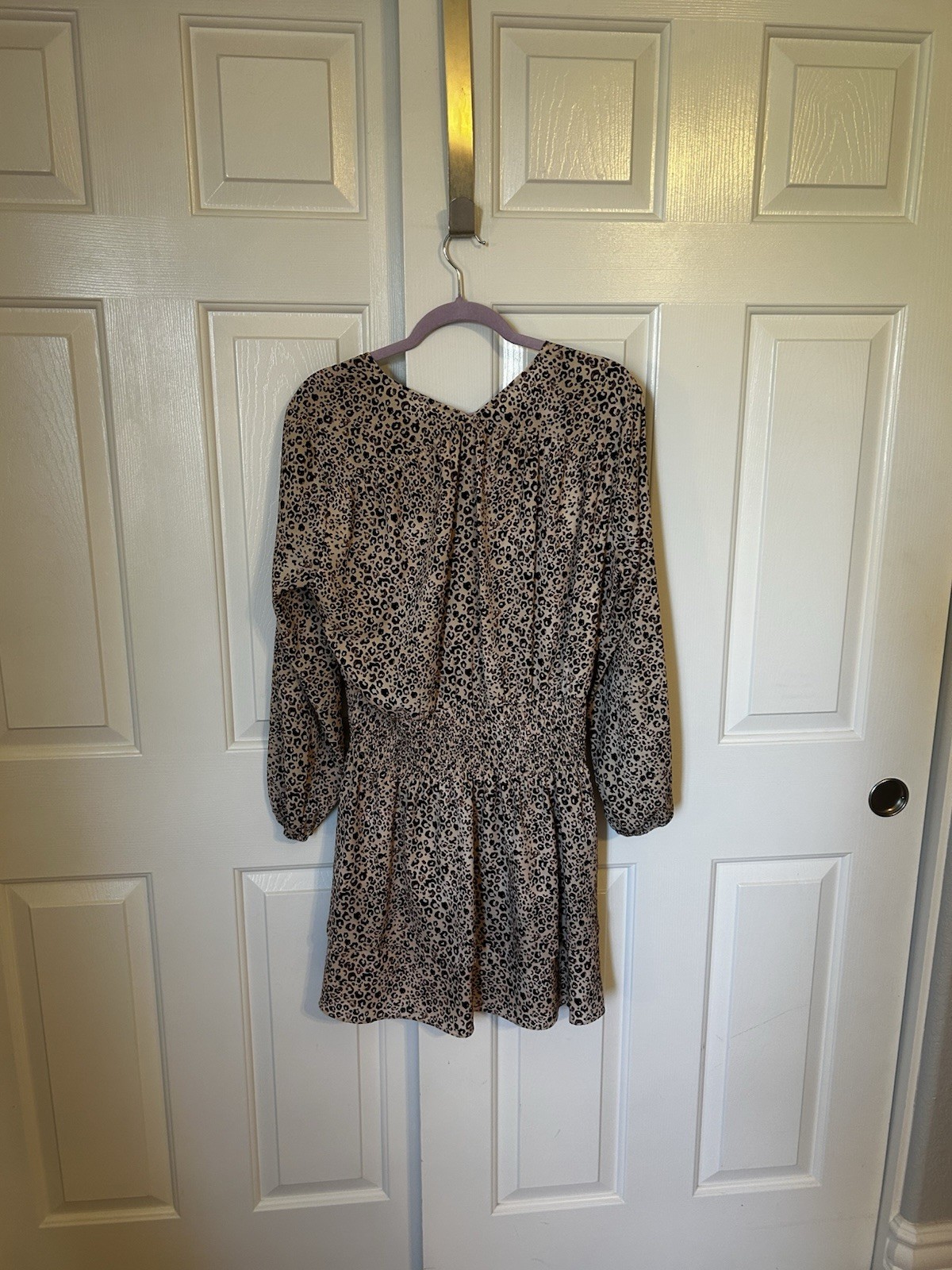 Parker Women’s Leopard Print V-Neck Long Puff Sleeve Smocked Ruffle Mini S