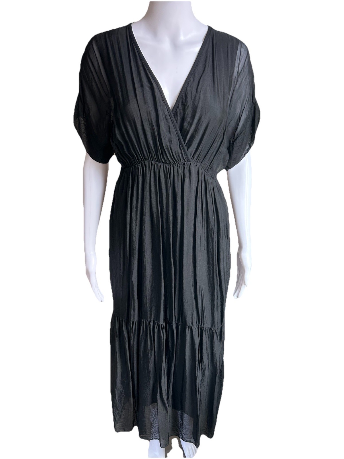 Meo Meli Italy 100% Silk Maxi Dress Black Tiered Boho Resort V Neck OS