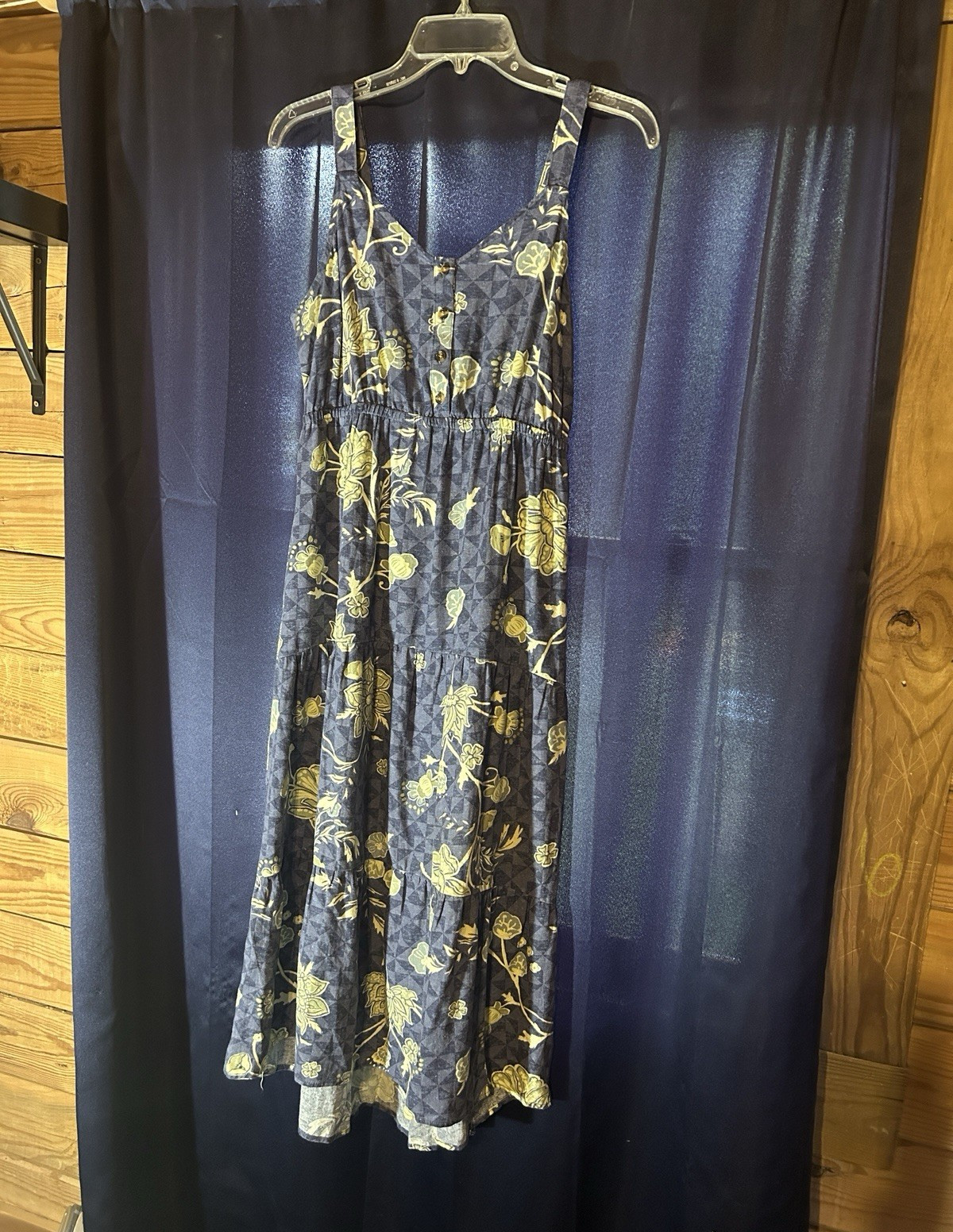 Sonoma Blue Yellow Floral Sundress Womens Med Smocked Button V-Neck Midi