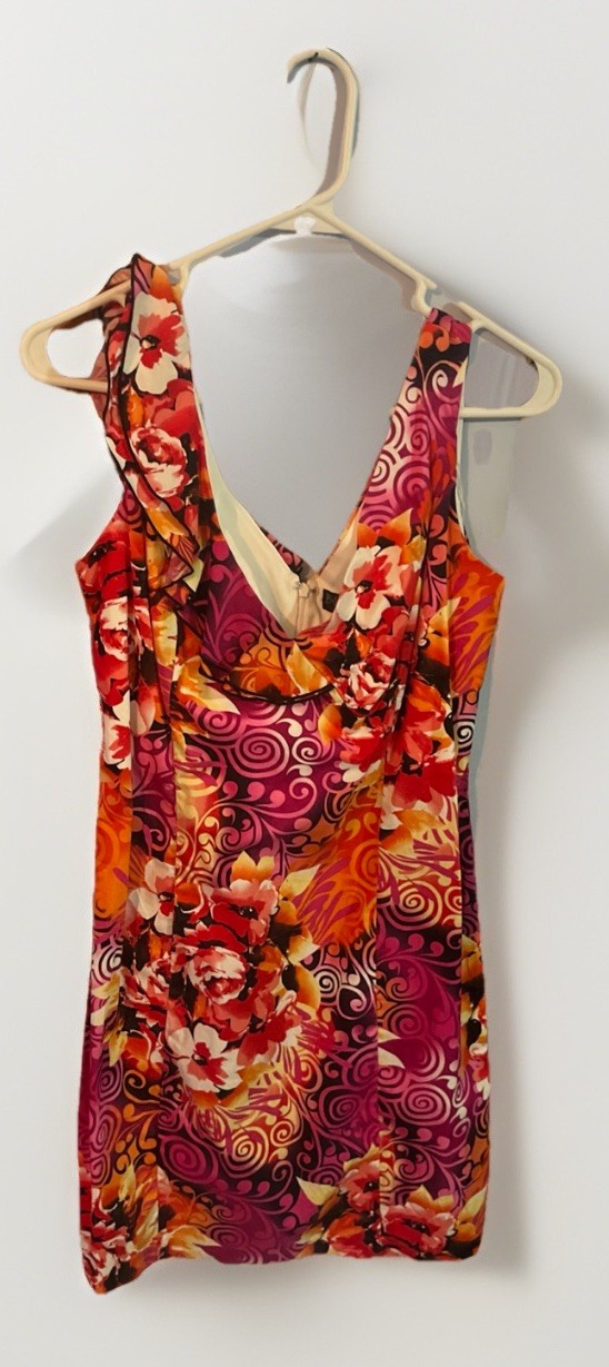 Blu Sage Floral Dress Size 6 Pink Orange Retro Psychedelic Mod Boho Draped Neck