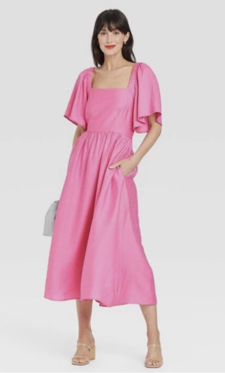 NWT A NEW DAY PINK FLUTTER SHORT SLEEVE TIE BACK MIDI DRESS SZ M