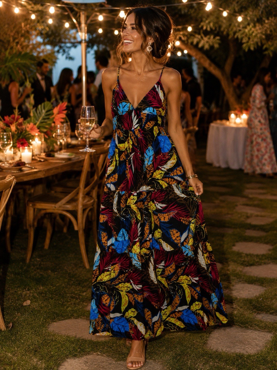 Flying Tomato Black Floral V-Neck Strappy Maxi Dress Lined Adjustable Strap M