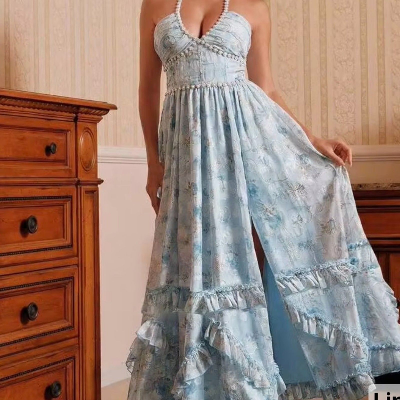 Anewsta Blue Floral Halter Maxi Dress Ruffle Lined Empire Waist NWT