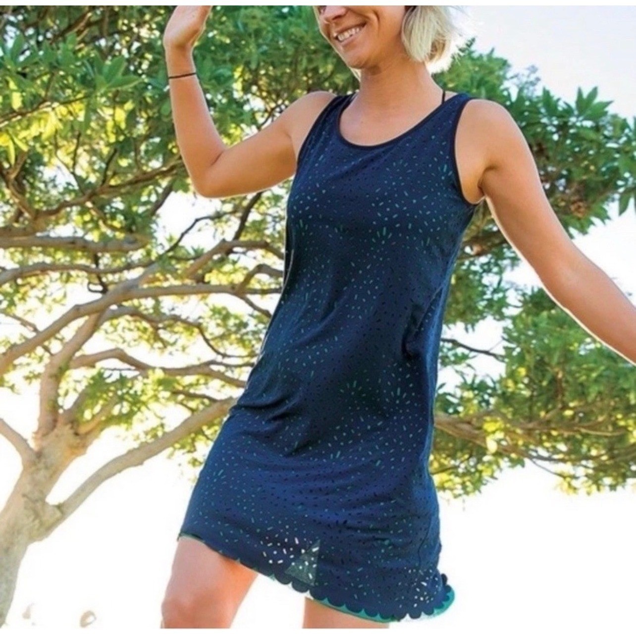 Title Nine Nimblene Illusion Laser Cut Stretch Athletic Dress Blue Size Size S