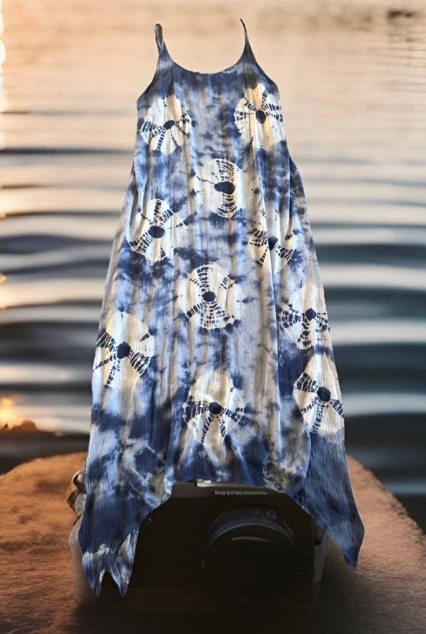 Women M Options Sundress Blue Tie-Dye Adjust Straps Lightweight Cool
