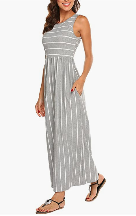 Hount Women Gray Striped Summer Flowy Sleeveless Long Maxi Dress Sz Medium