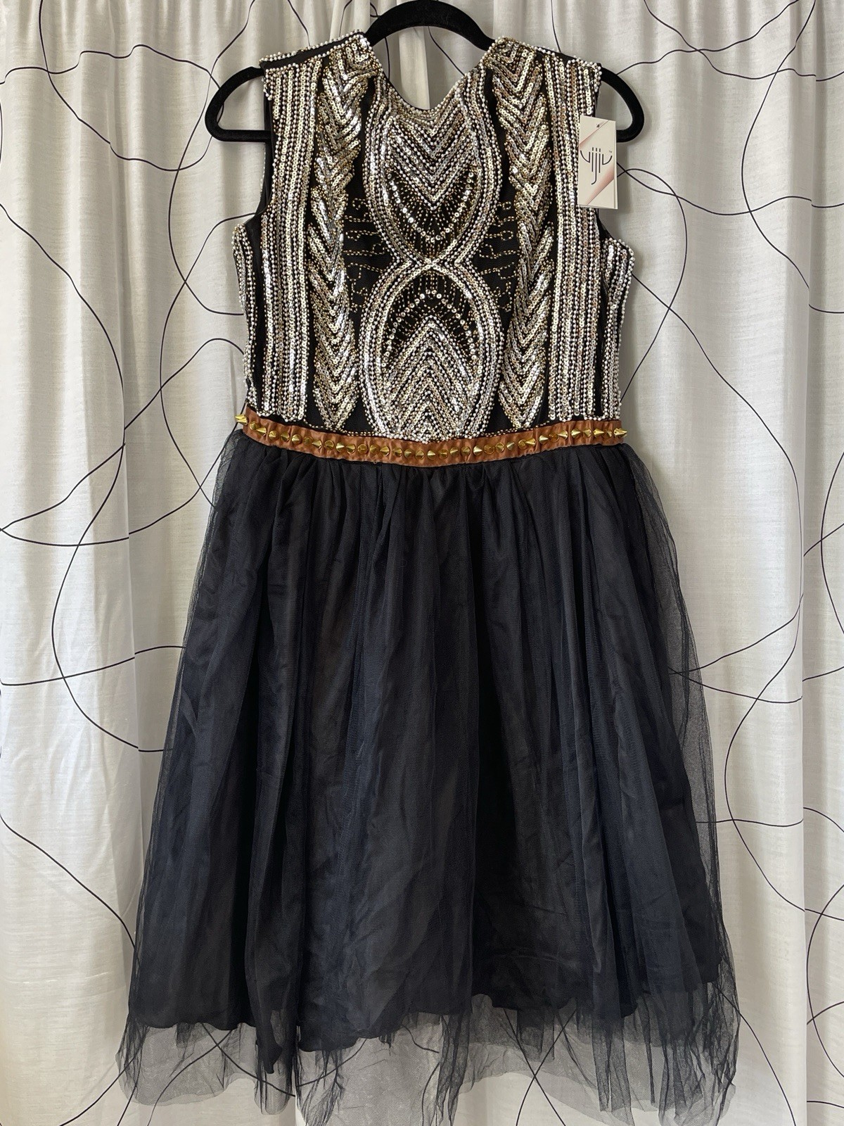 NWT Vijiv Dress Black Silver/Gold Sequin Studded Waist Fit & Flare Tulle sz XL
