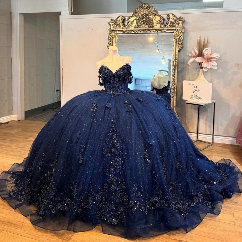 Off Shoulder Navy Blue Quinceanera Dresses Flowers Gold Applique Lace Gowns
