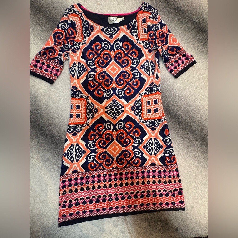 Eliza J Orange Blue White Print Shift Casual Office Work Dress 6