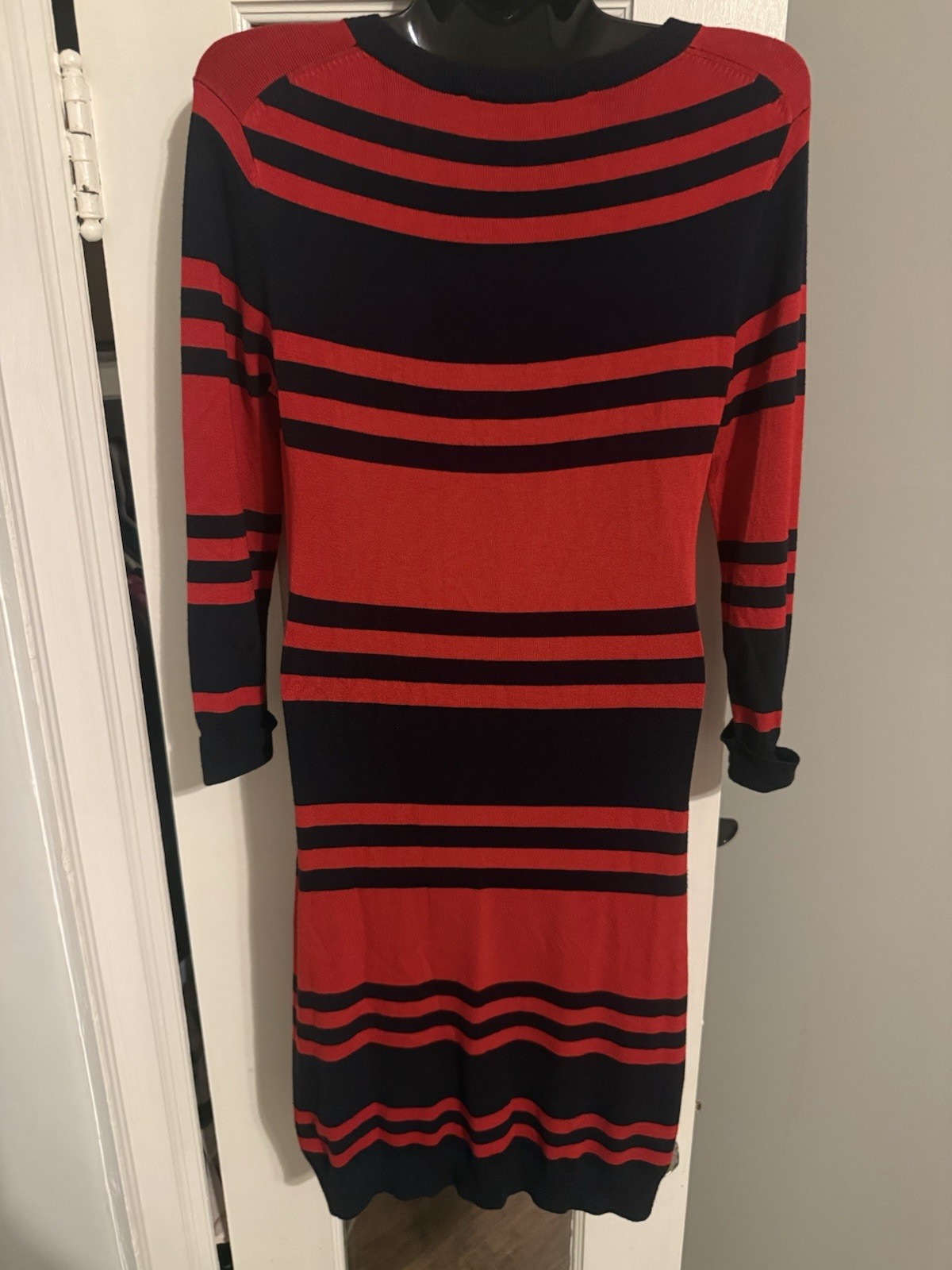 French Connection Red Black Striped Knit Sweater Dress 6 Scoop Neck 3/4 Sleeve