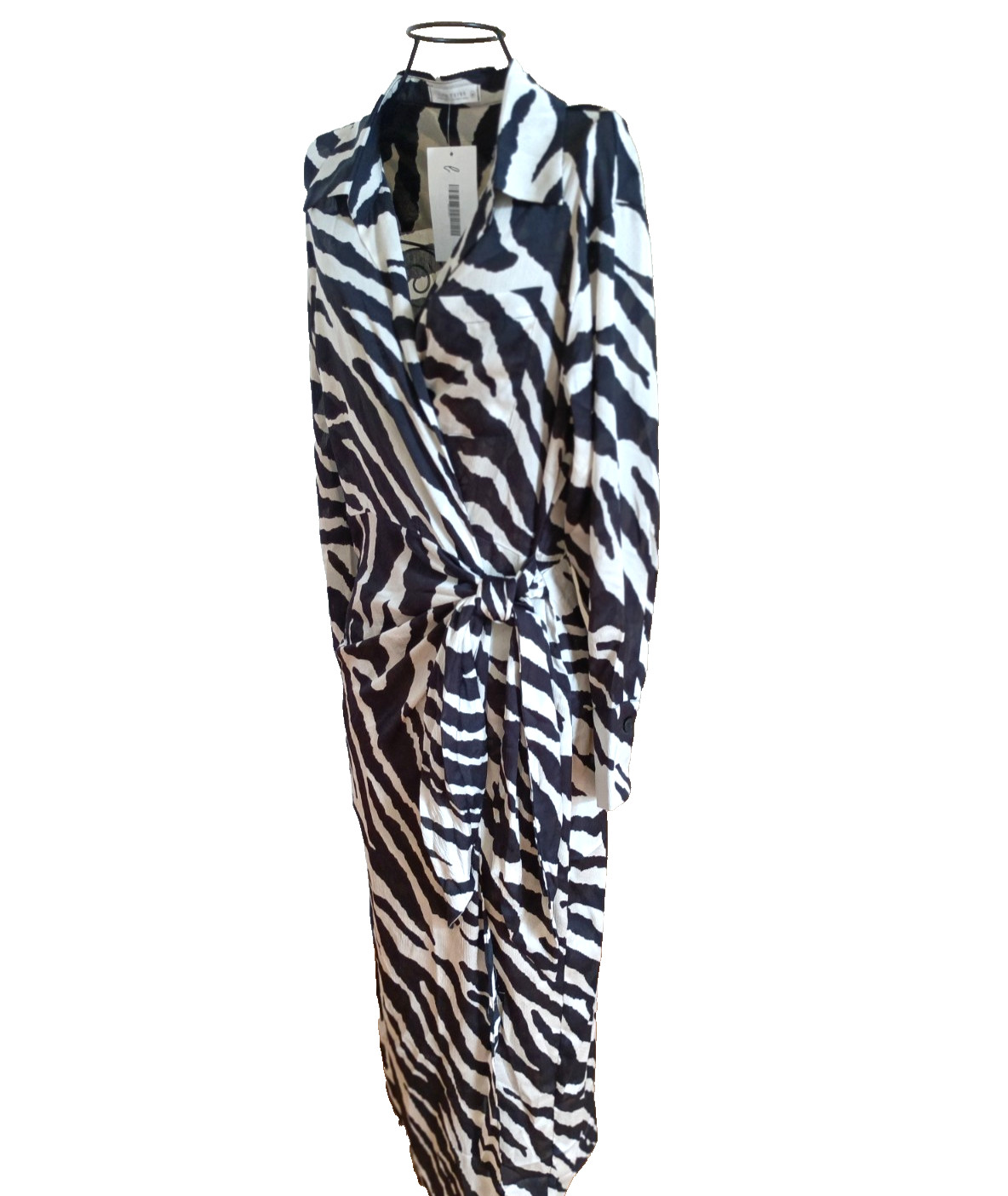 NWT 12th Tribe Wrap Maxi Dress Collared Zibra Print Long Sleeve M Cream Black