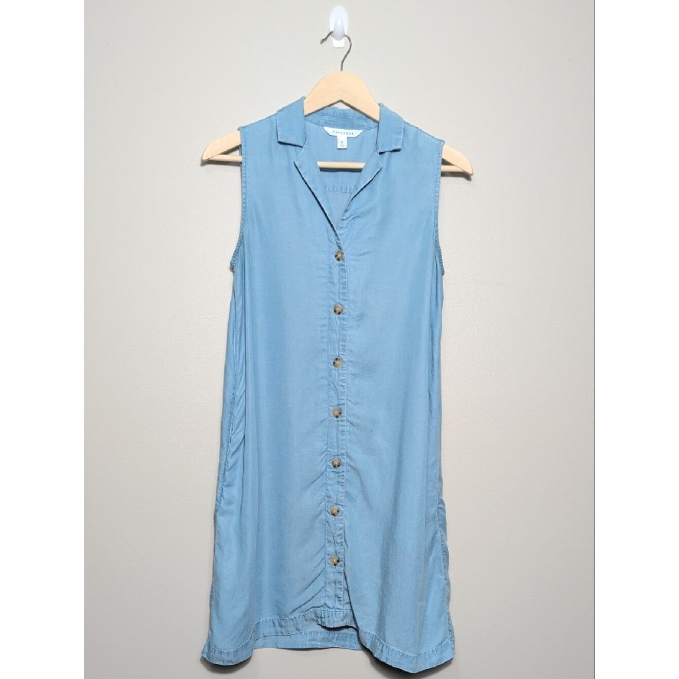 POPSUGAR Chambray Sleeveless Blue Button-Front Mini Shirt Dress Pockets Small