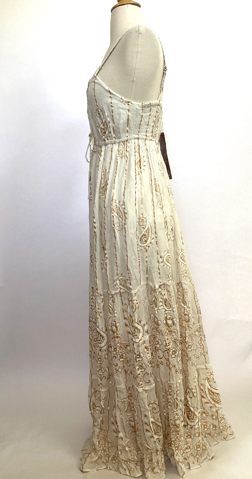 NWT Me 2 Magic Anthropologie Maxi Dress S Ivory Gold Lurex Smocked Embroidered