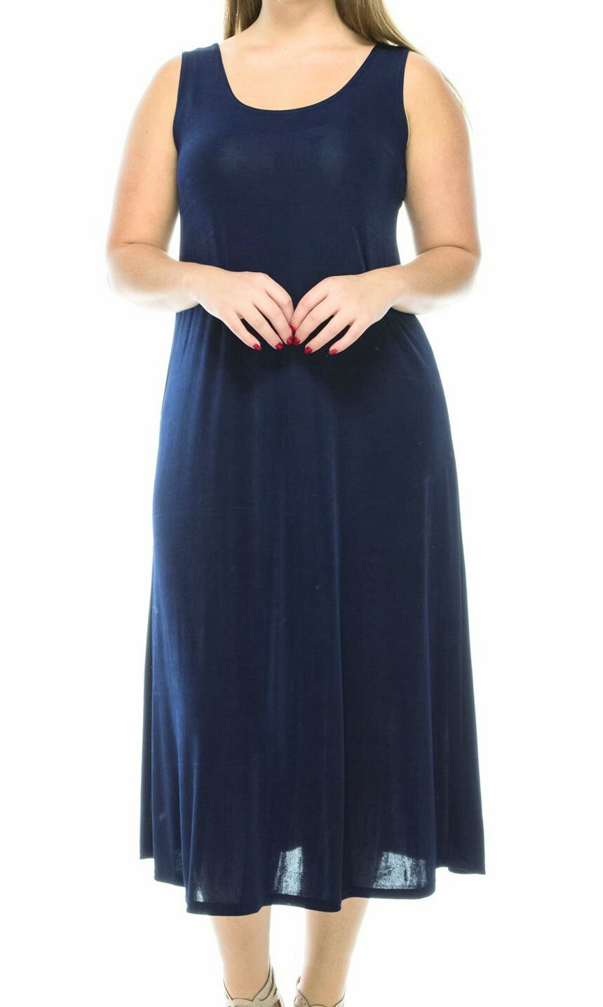 Solid Navy Blue Long Sleeveless A line Dress No Wrinkle Travel Fabric Jostar